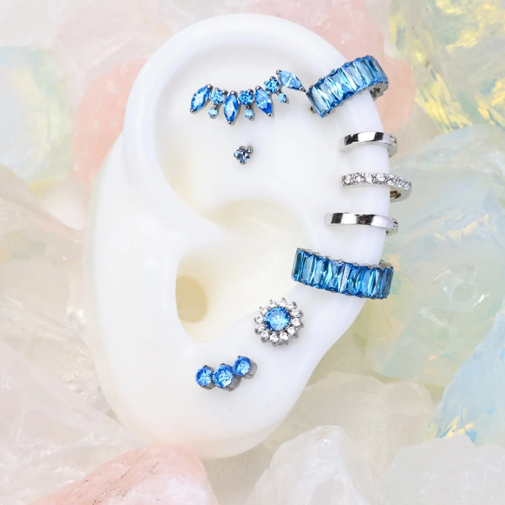 Titanium Elpis Aquamarine Trinity Stone Cluster Flat Back Stud