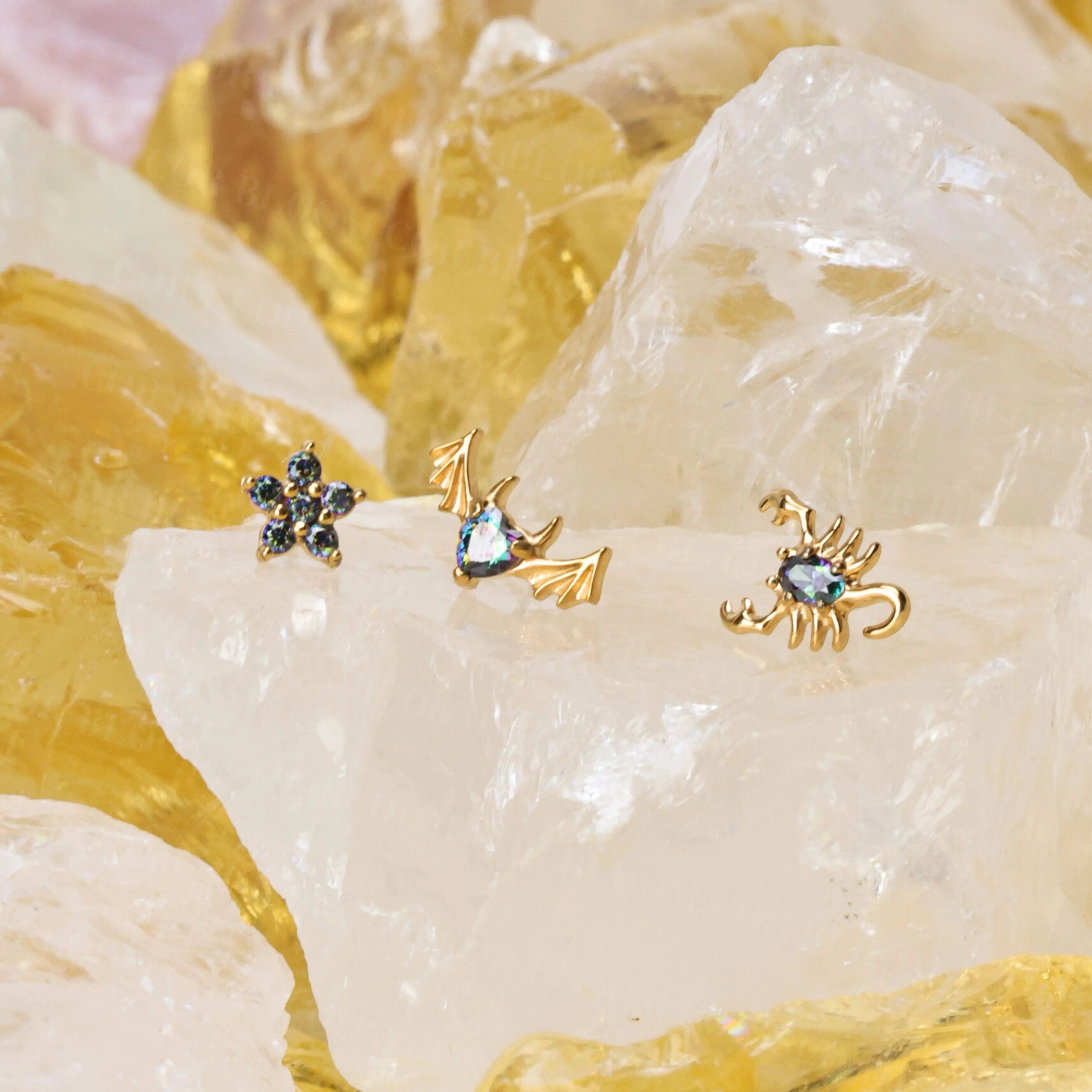 Dark Iridescent Gemstone Jasmine Flower Flat Back Stud