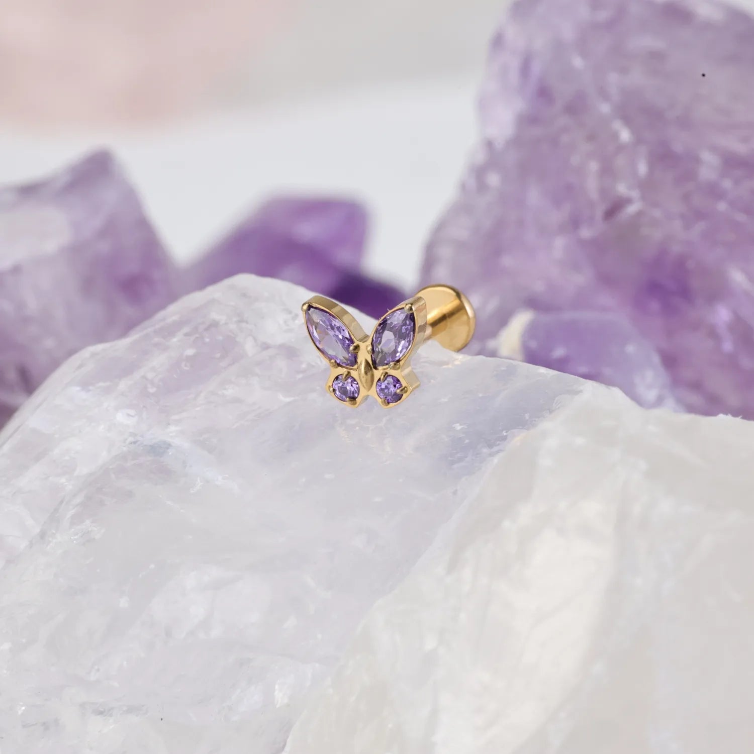 Titanium Amethyst Butterfly Flat Back Piercing Stud