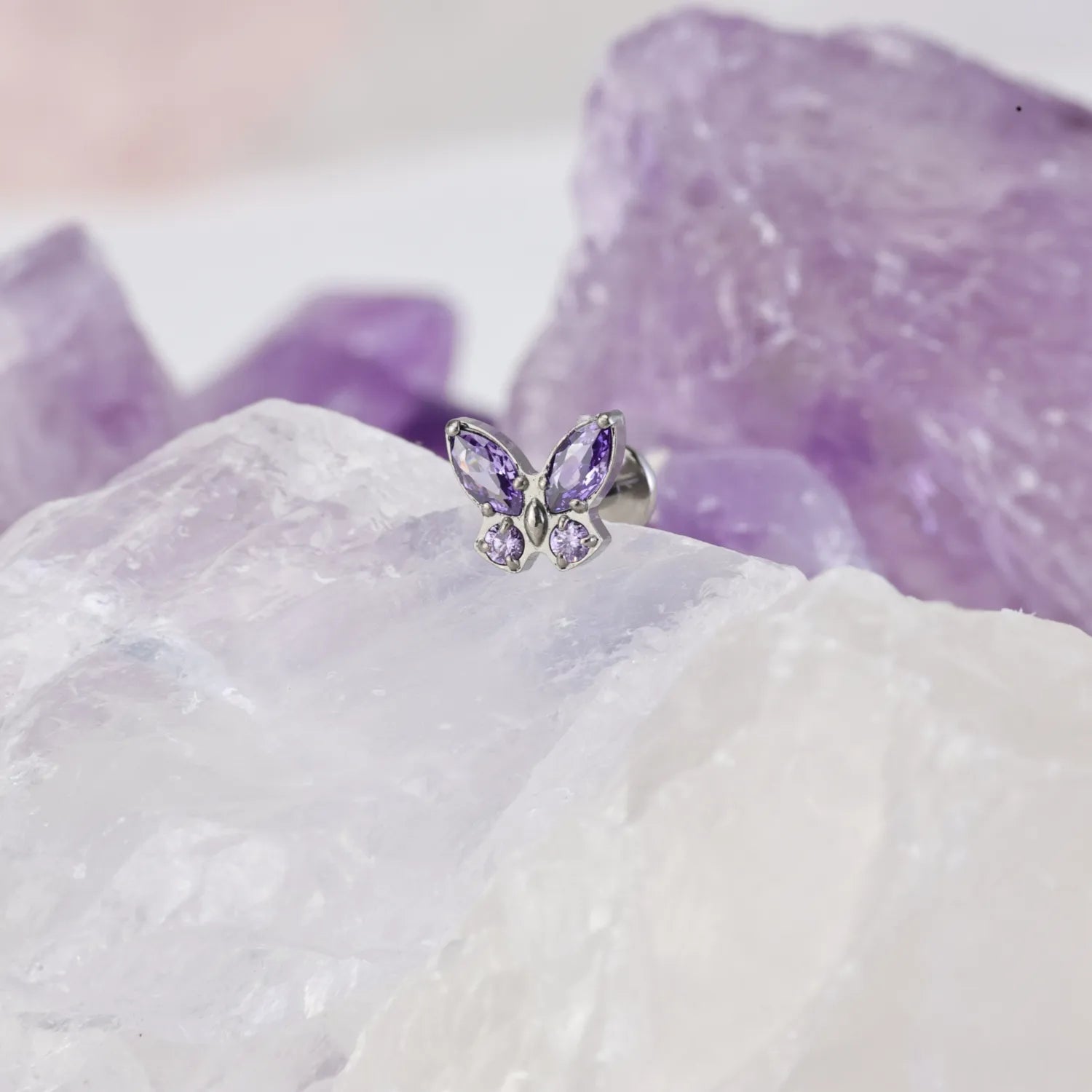 Titanium Amethyst Butterfly Flat Back Piercing Stud