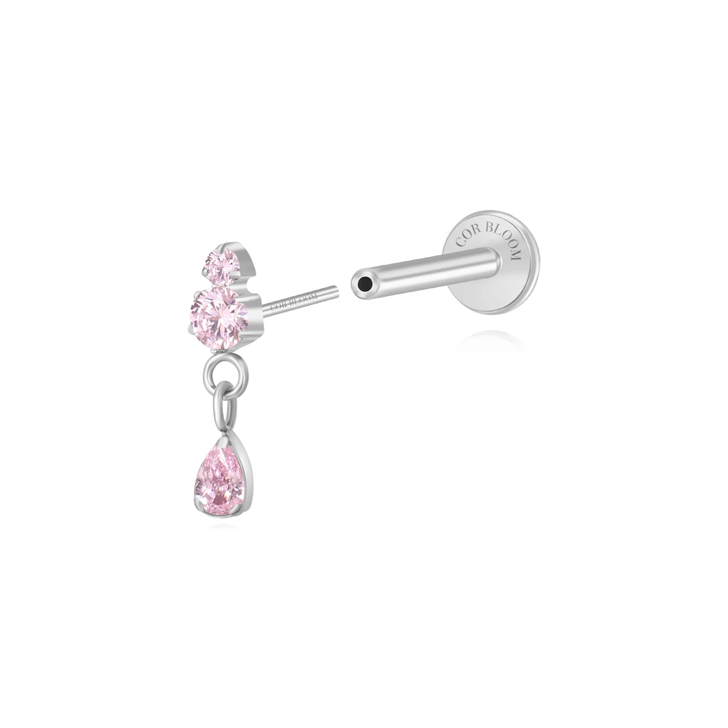 Titanium Yuri Waterdrop Push Pin Stud - Pink Tourmaline