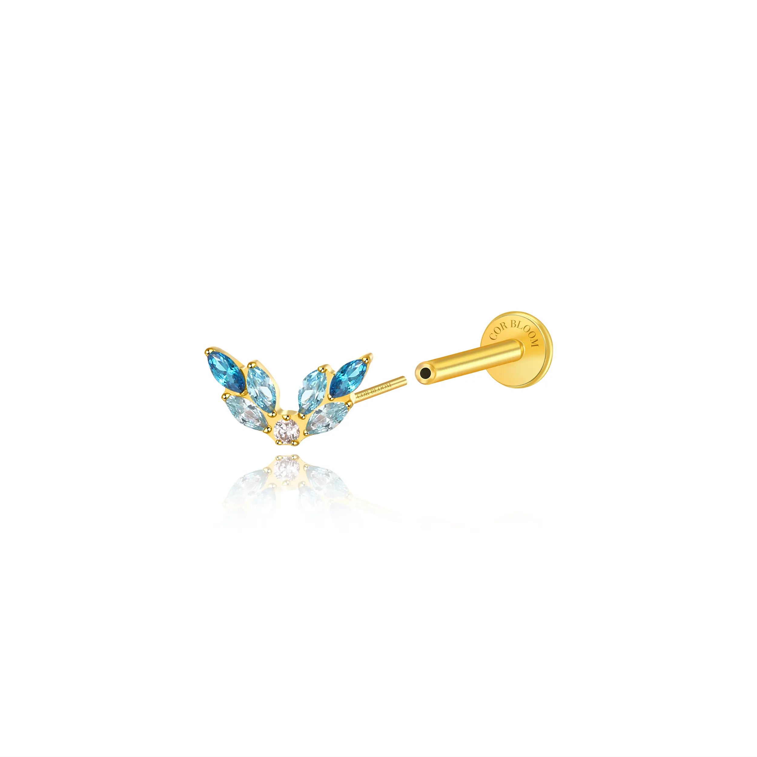 Titanium Veda Aquamarine Leaf Crown Flat Back Stud