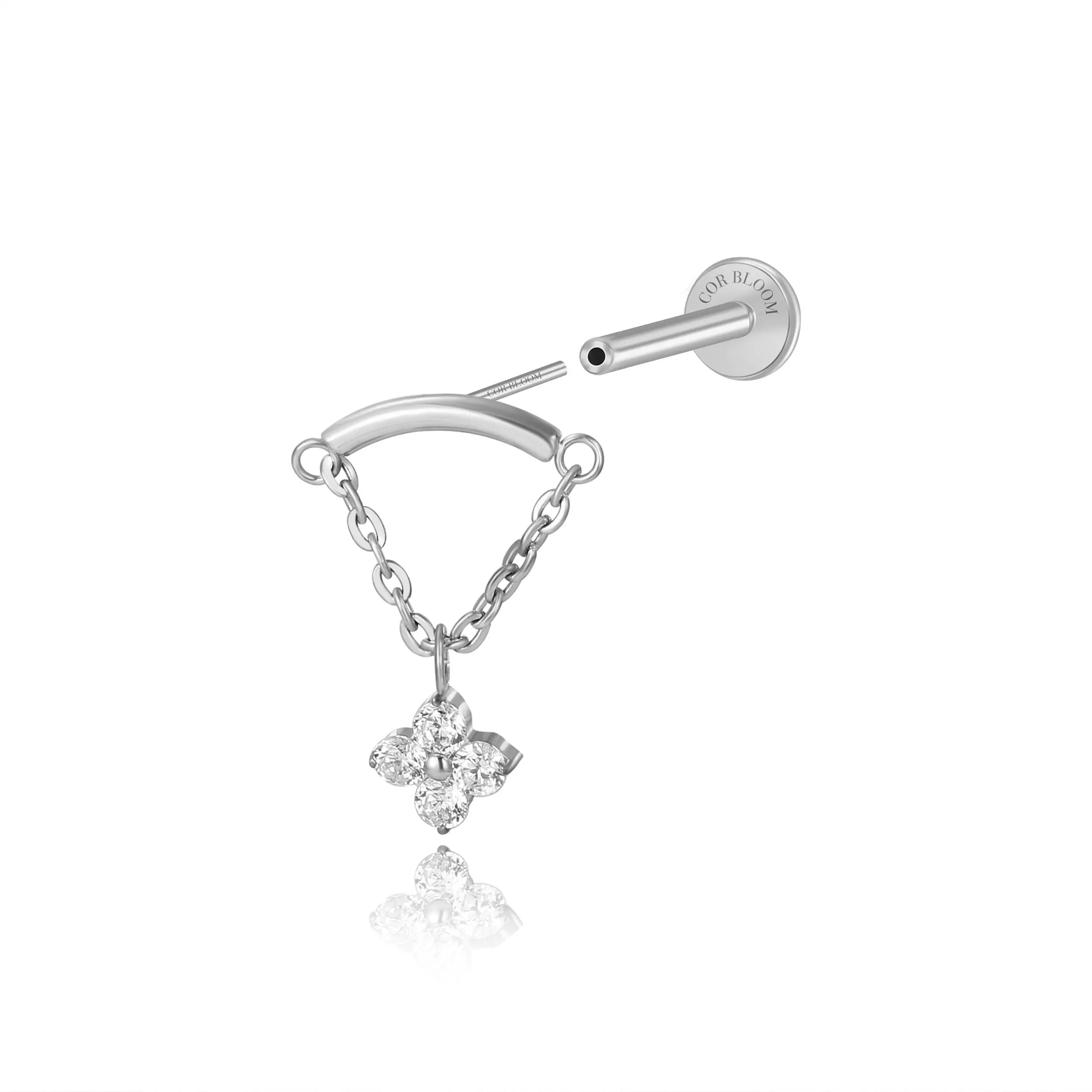 Titanium Amiria Four Leaf Clover Dangle Stud - Vertical Helix & Hidden Rook