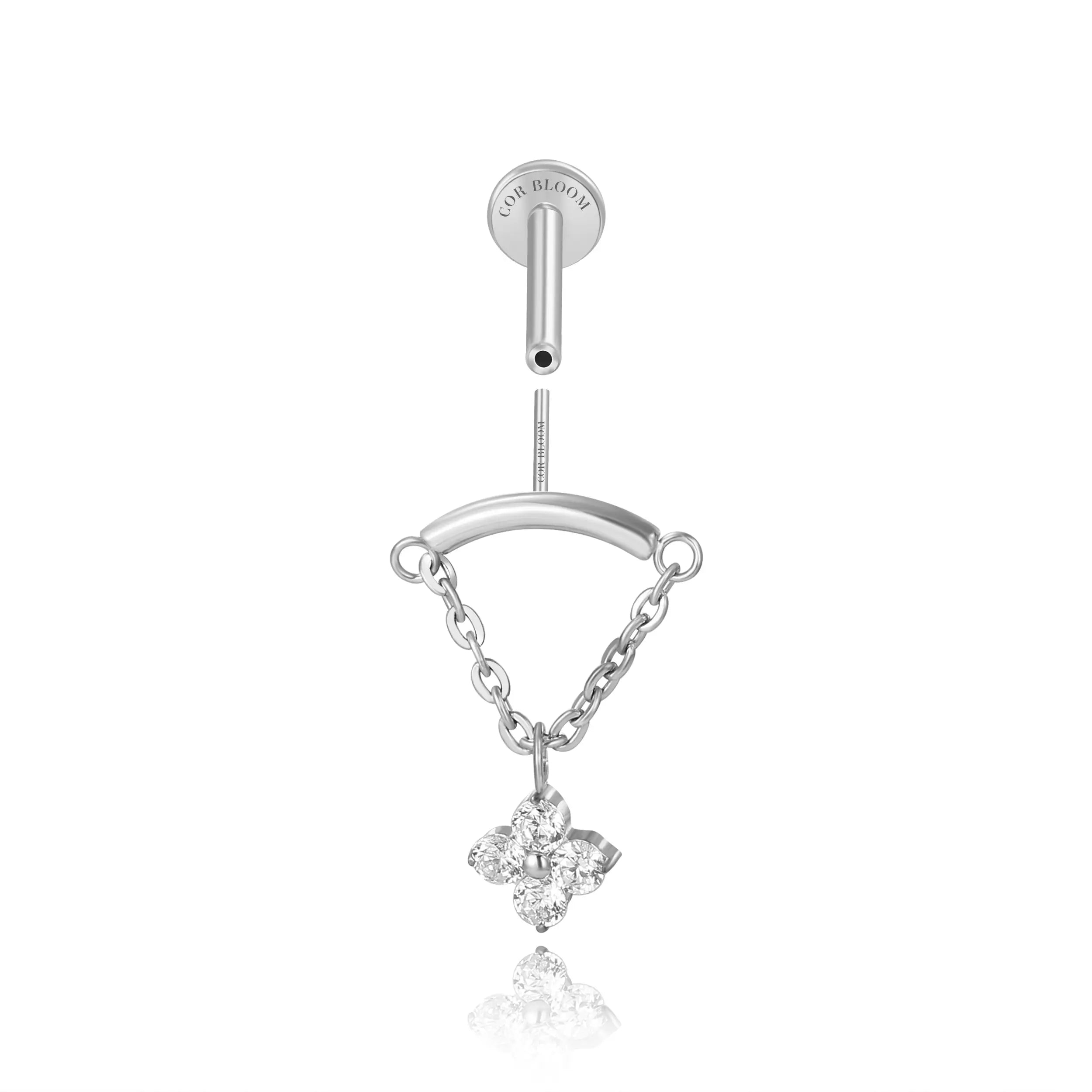 Titanium Amiria Four Leaf Clover Dangle Stud - Vertical Helix & Hidden Rook