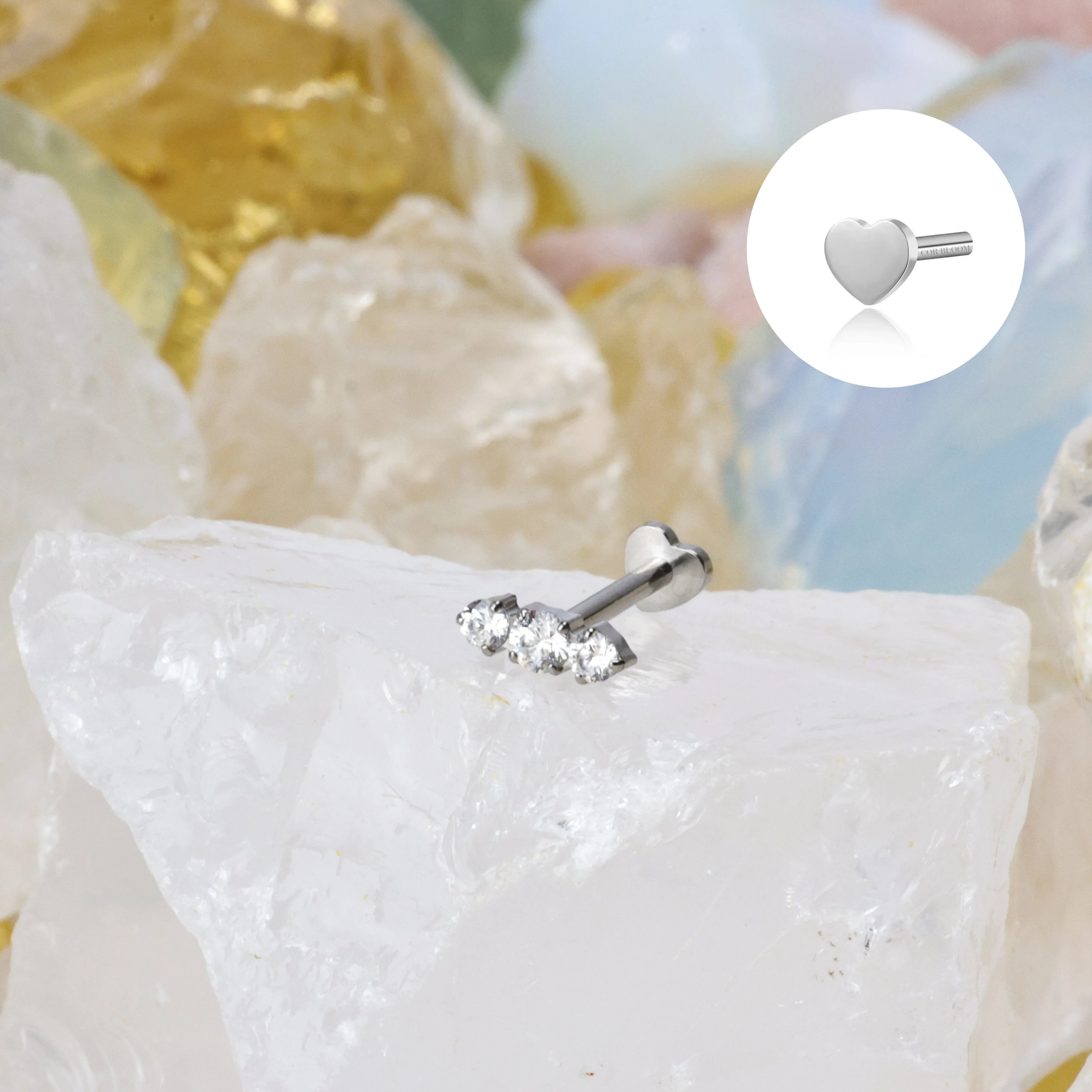Titanium Mini Lyra Diamond Push Pin Heart Flat Back Stud