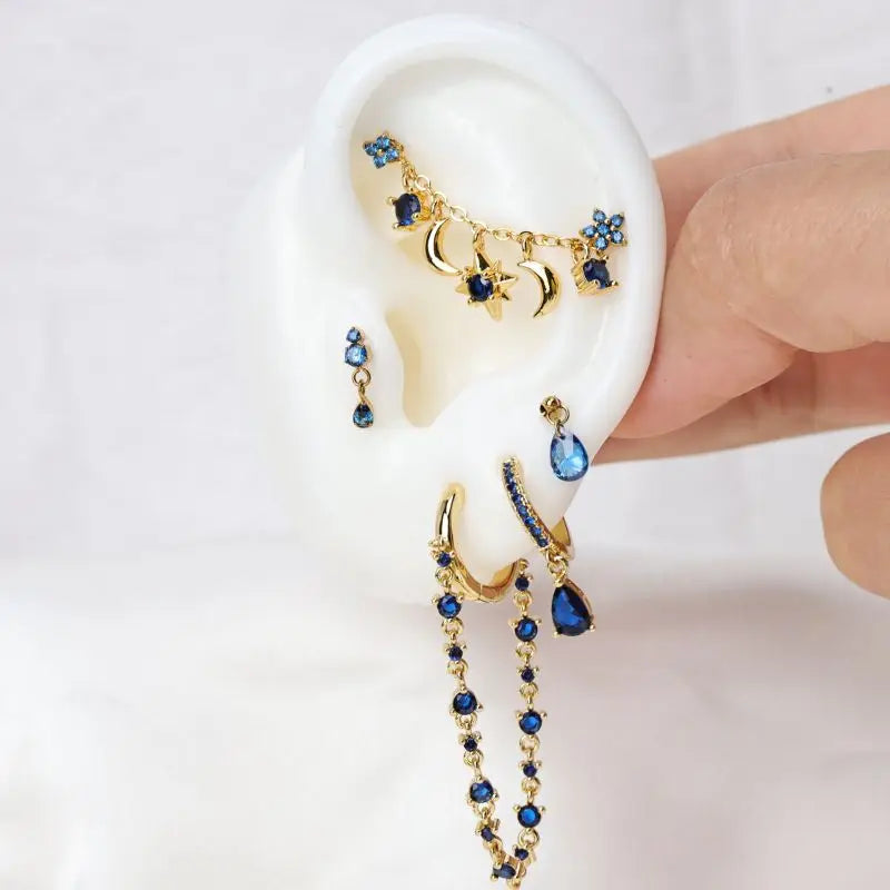 Titanium Yuri Waterdrop Push Pin Stud - Blue Sapphire