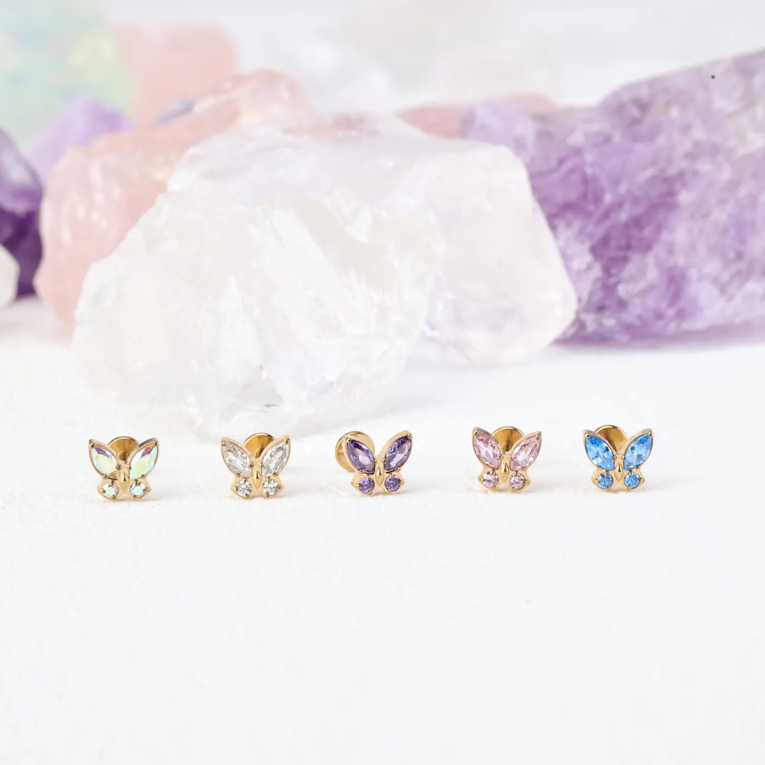 Titanium Amethyst Butterfly Flat Back Piercing Stud