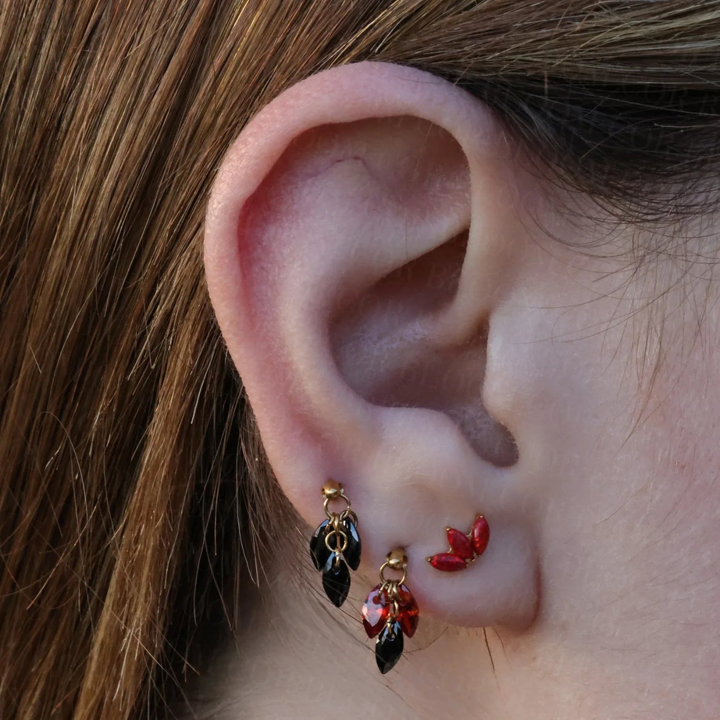 Red and Black - Titanium Floating Plume Flat Back Earring | Vertical Helix Stud