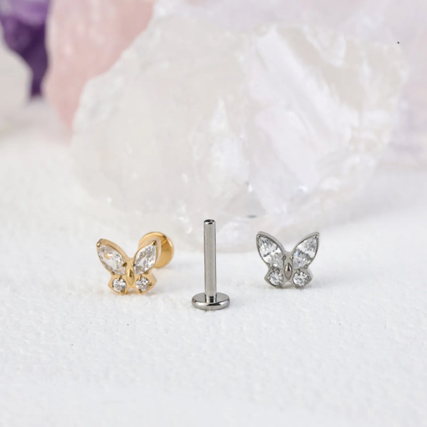 Titanium Diamond Butterfly Flat Back Piercing Stud