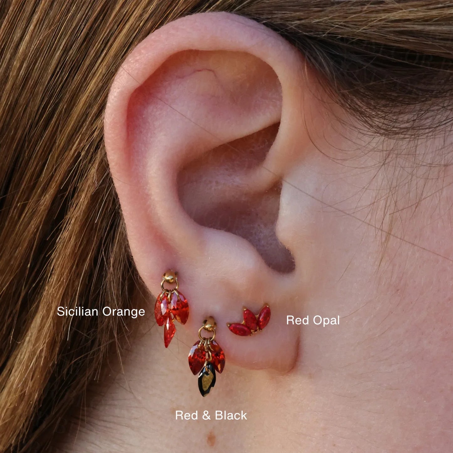 Red and Black - Titanium Floating Plume Flat Back Earring | Vertical Helix Stud