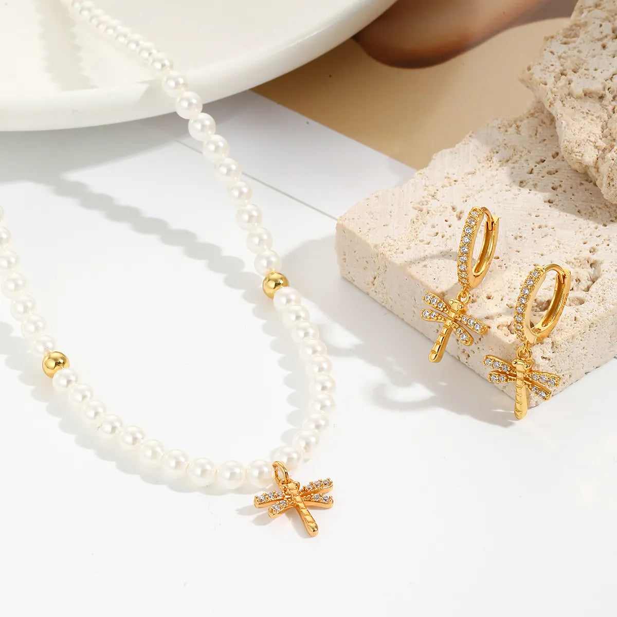 Pave Dragonfly Pearl Necklace