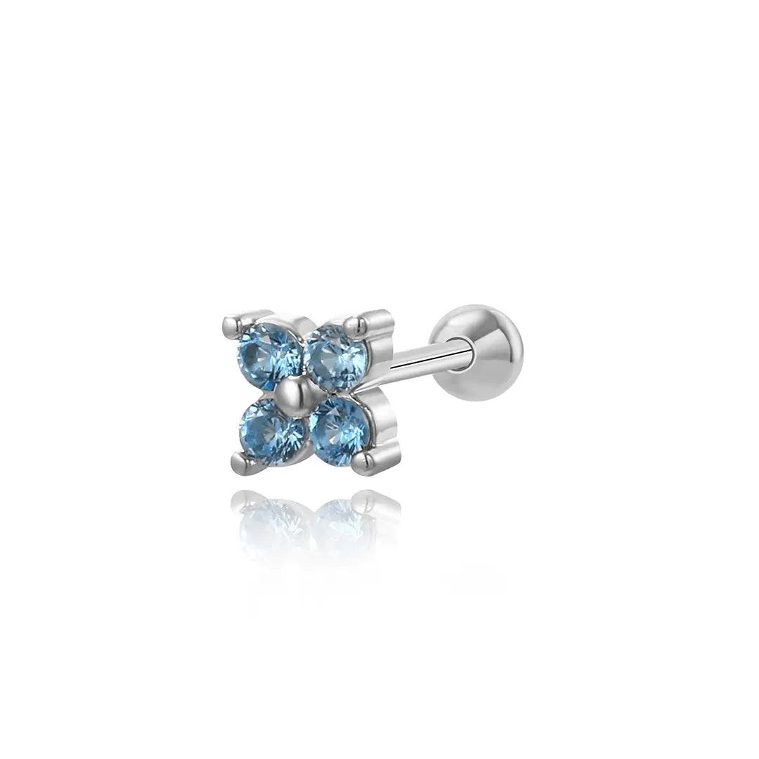 Aquamarine Four-Clover Leaf Barbell Stud Earring