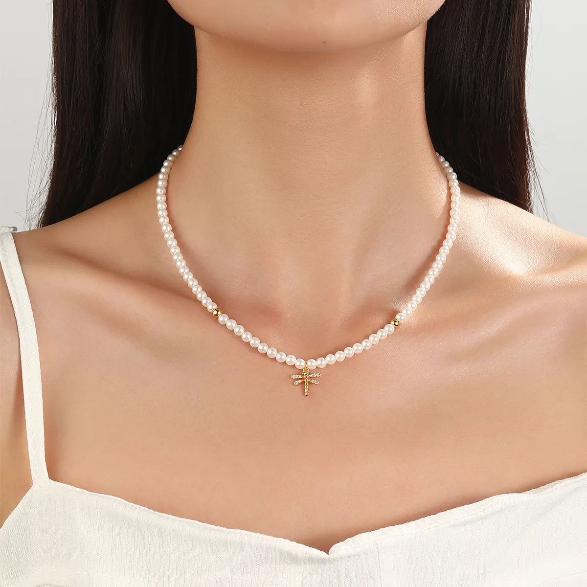 Pave Dragonfly Pearl Necklace