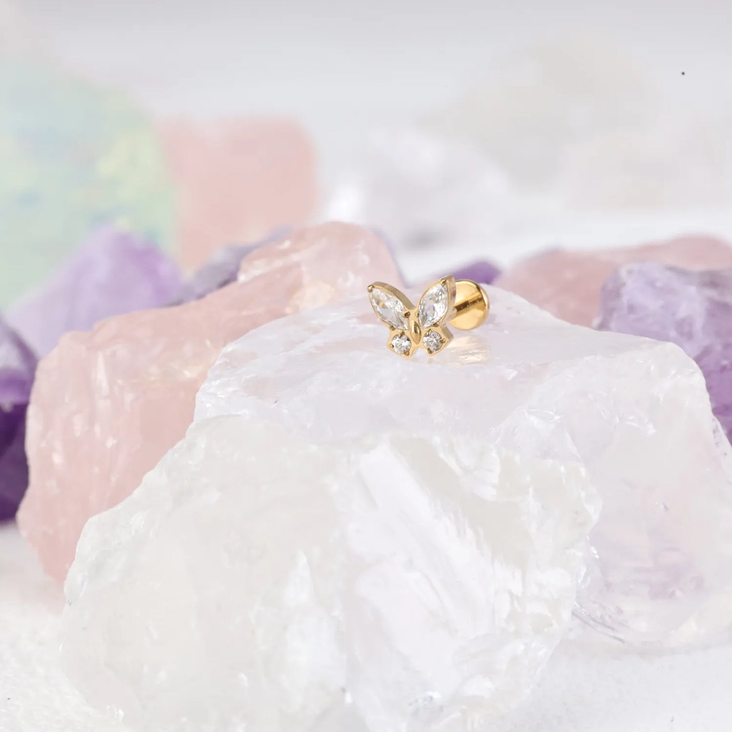 Titanium Diamond Butterfly Flat Back Piercing Stud