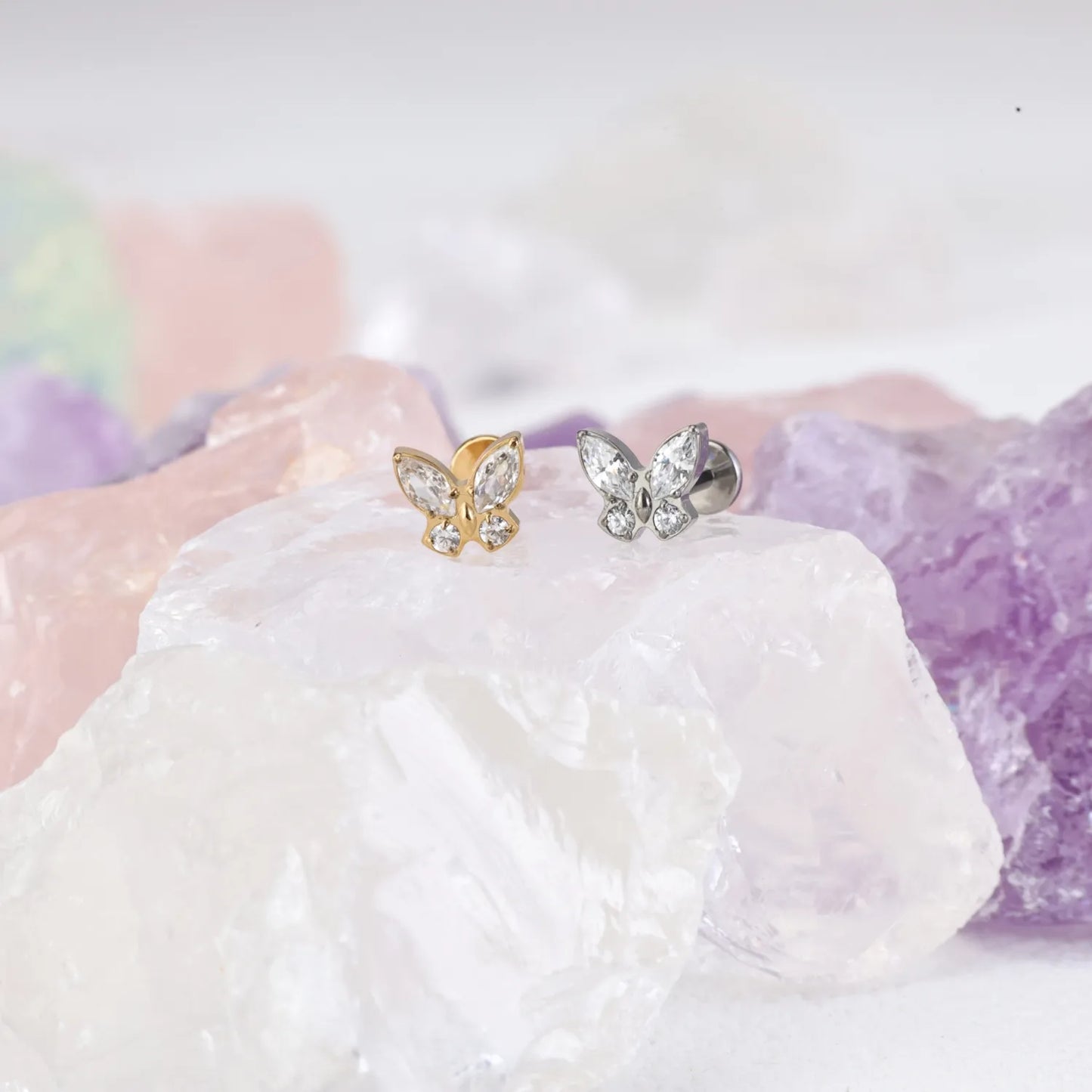 Titanium Diamond Butterfly Flat Back Piercing Stud