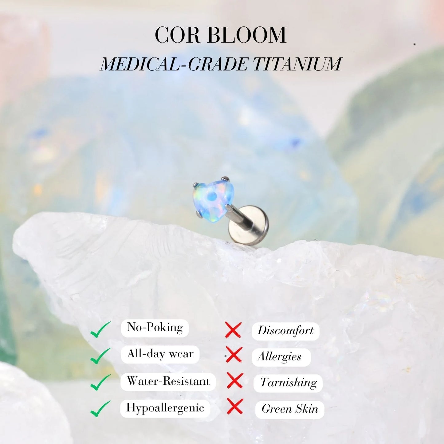 Titanium Baby Blue Aurora Opal Heart Piercing Stud