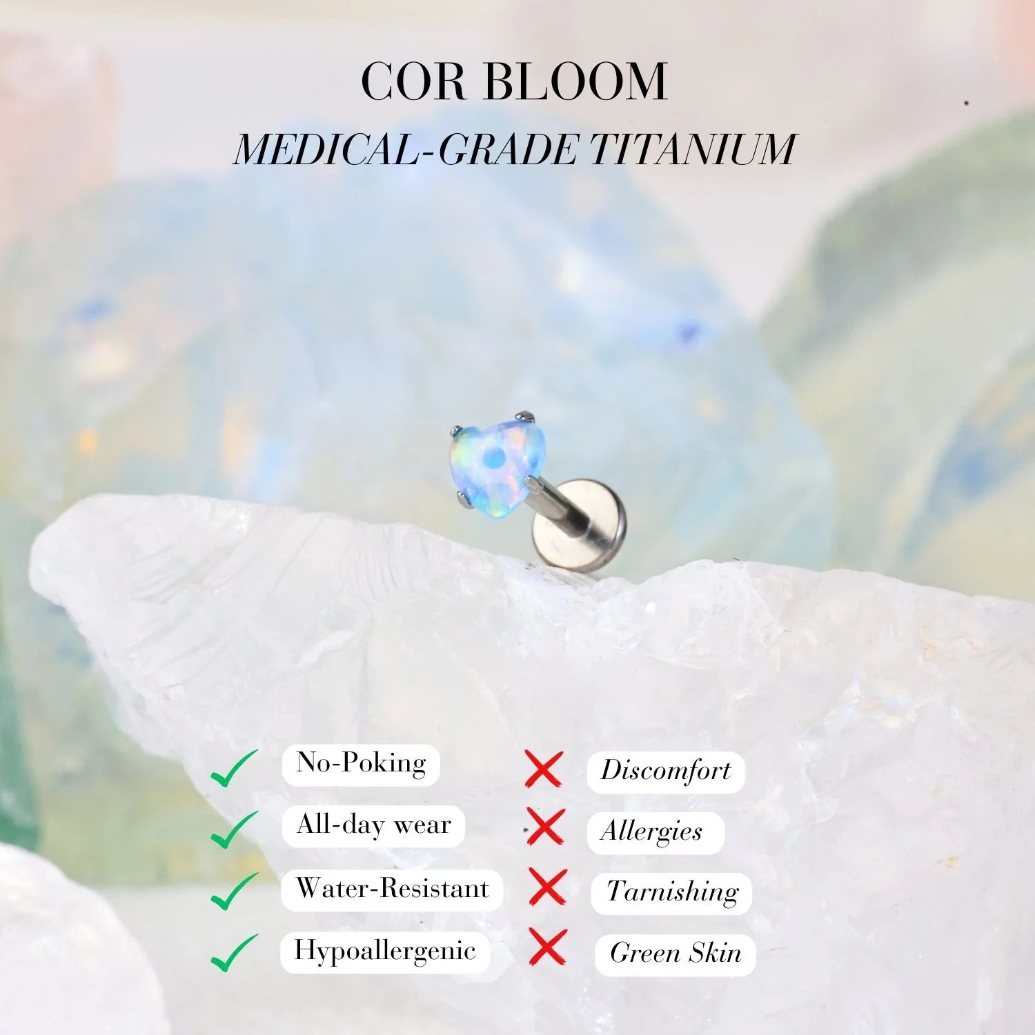 Titanium Baby Blue Aurora Opal Heart Piercing Stud