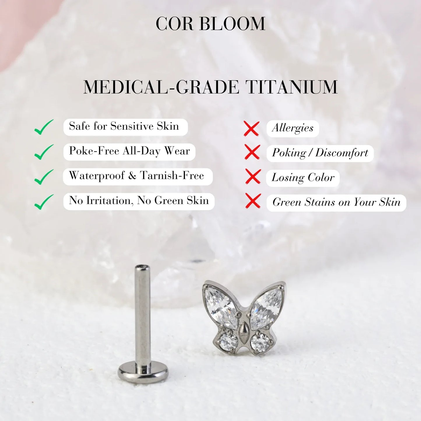 Titanium Diamond Butterfly Flat Back Piercing Stud
