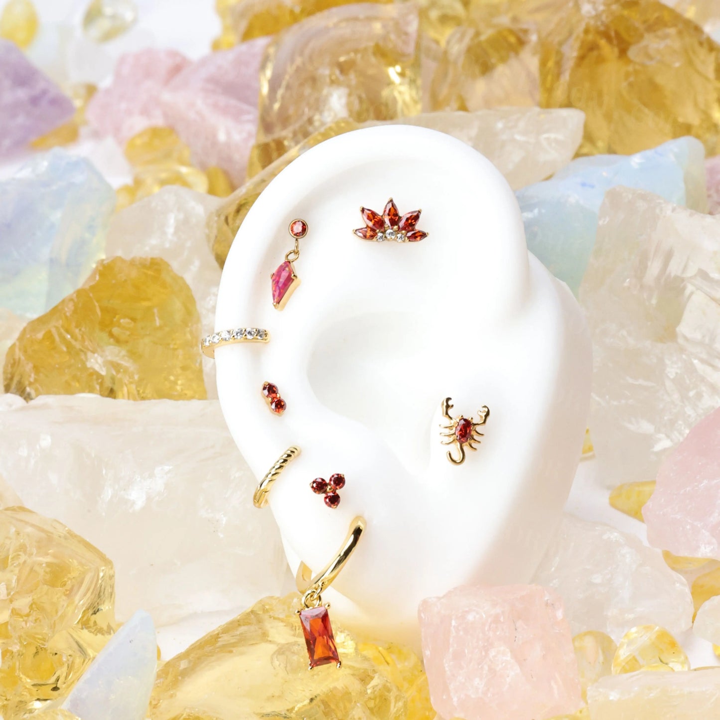 Amelia Red Garnet Baguette Hoop Earrings