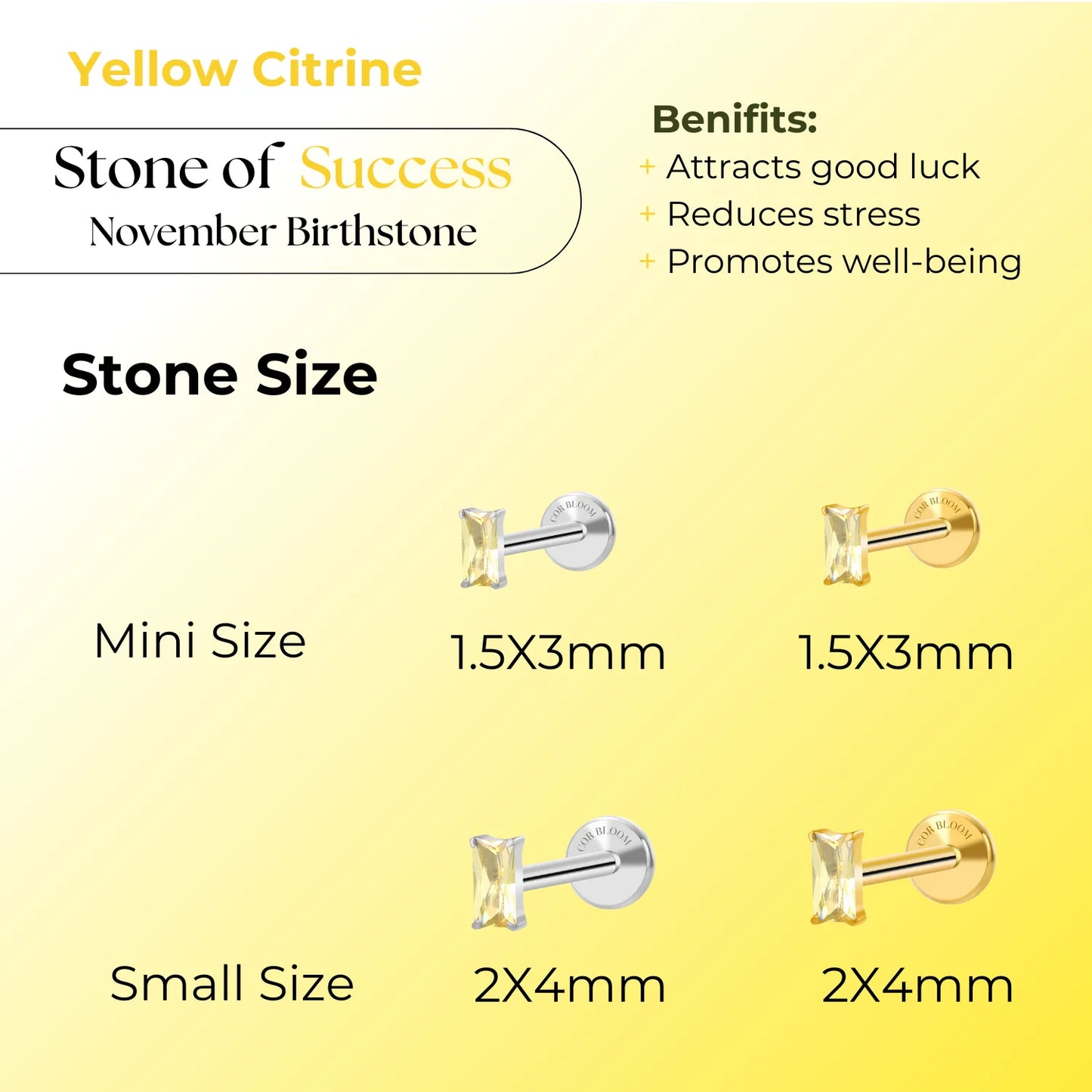 Titanium Irida Small Rectangular Baguette Flat Back Stud - Yellow Citrine