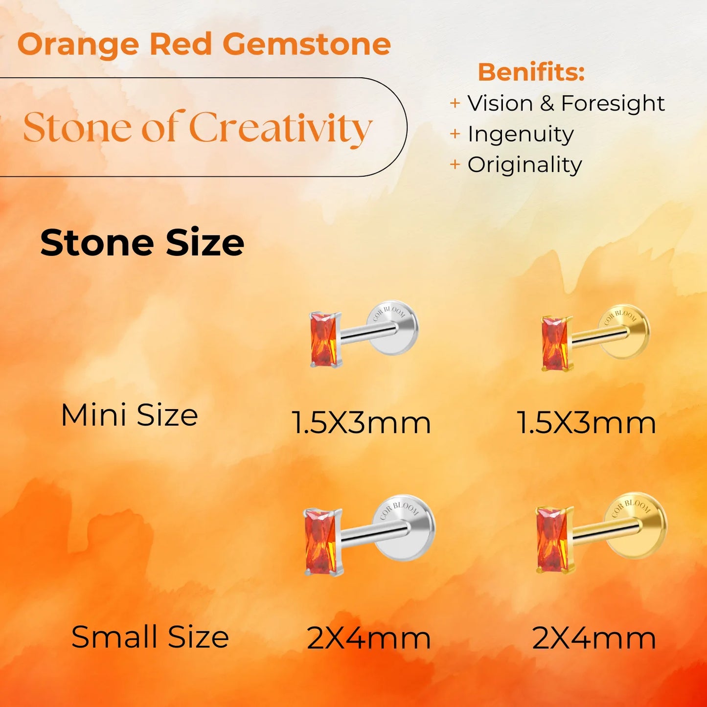 Titanium Irida Small Baguette Stud - Orange Red