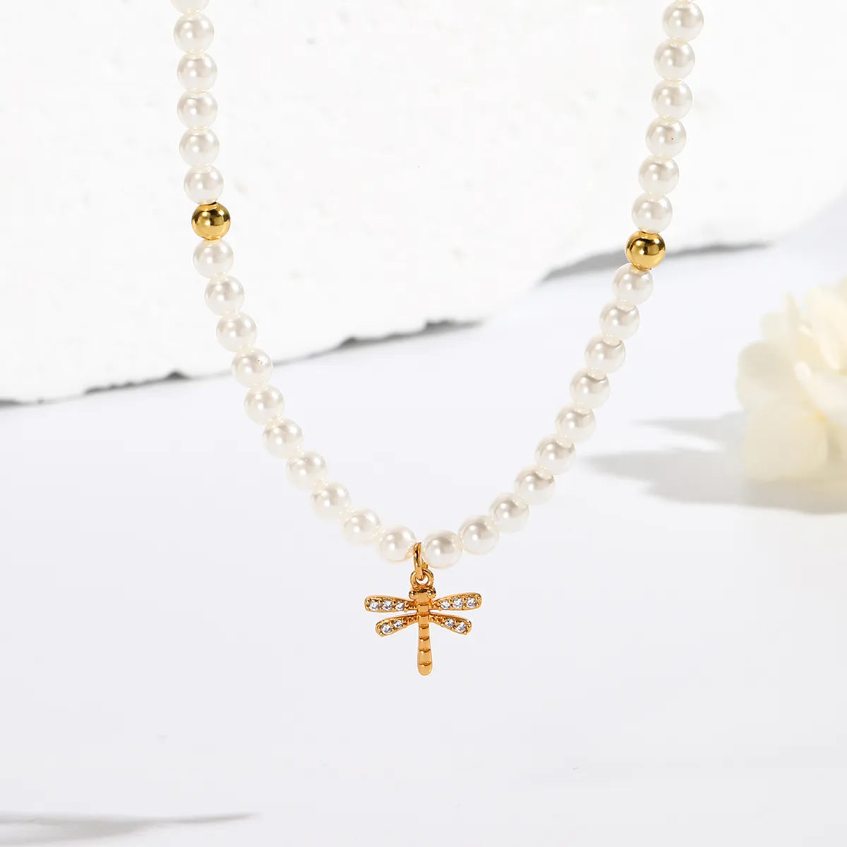 Pave Dragonfly Pearl Necklace