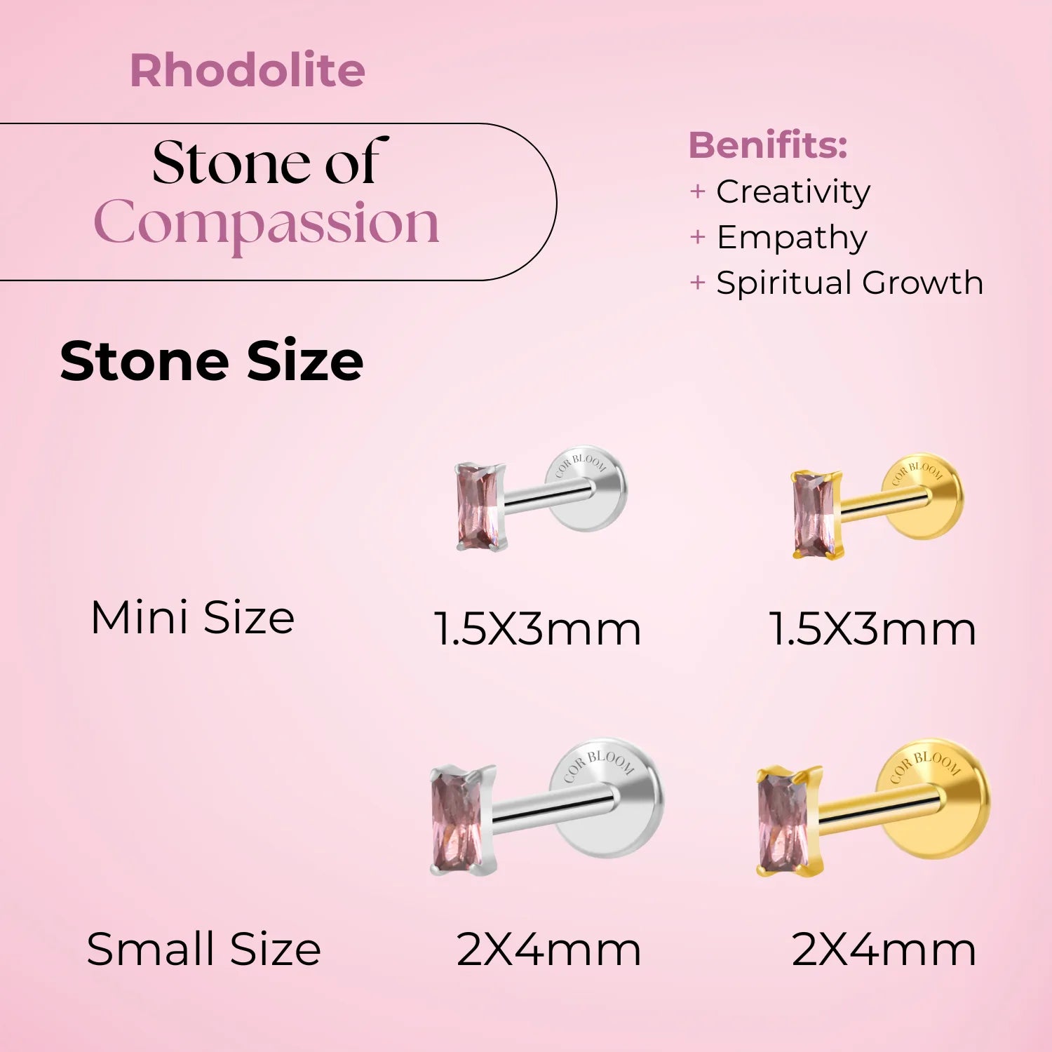 Titanium Irida Small Rectangular Baguette Flat Back Stud - Rhodolite