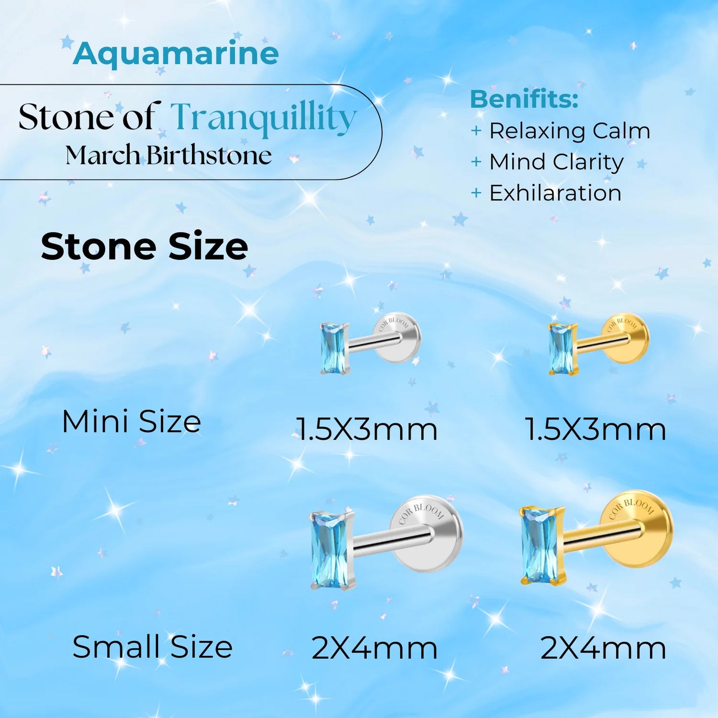 Titanium Irida Small Rectangular Baguette Flat Back Stud - Aquamarine