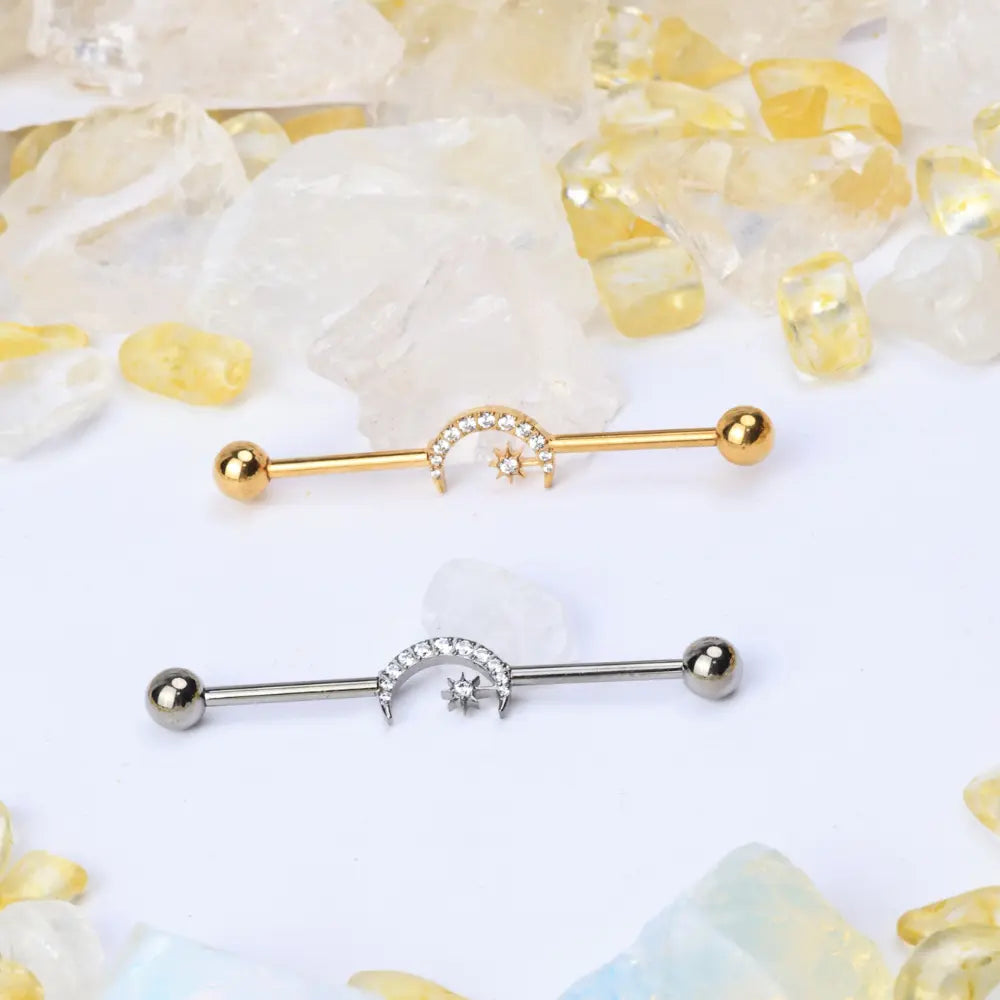 Titanium Sparkling Crescent Moon Industrial Barbell (14G | 38mm)