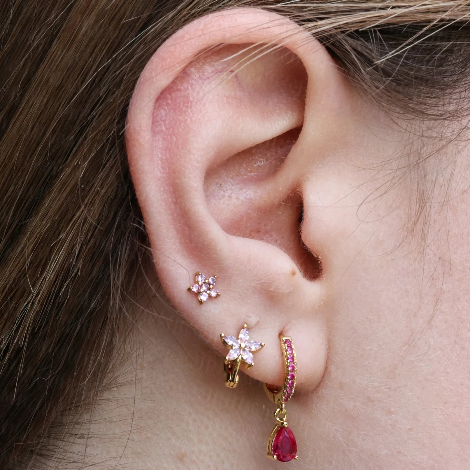 Ella Pink Flower Huggie Earrings