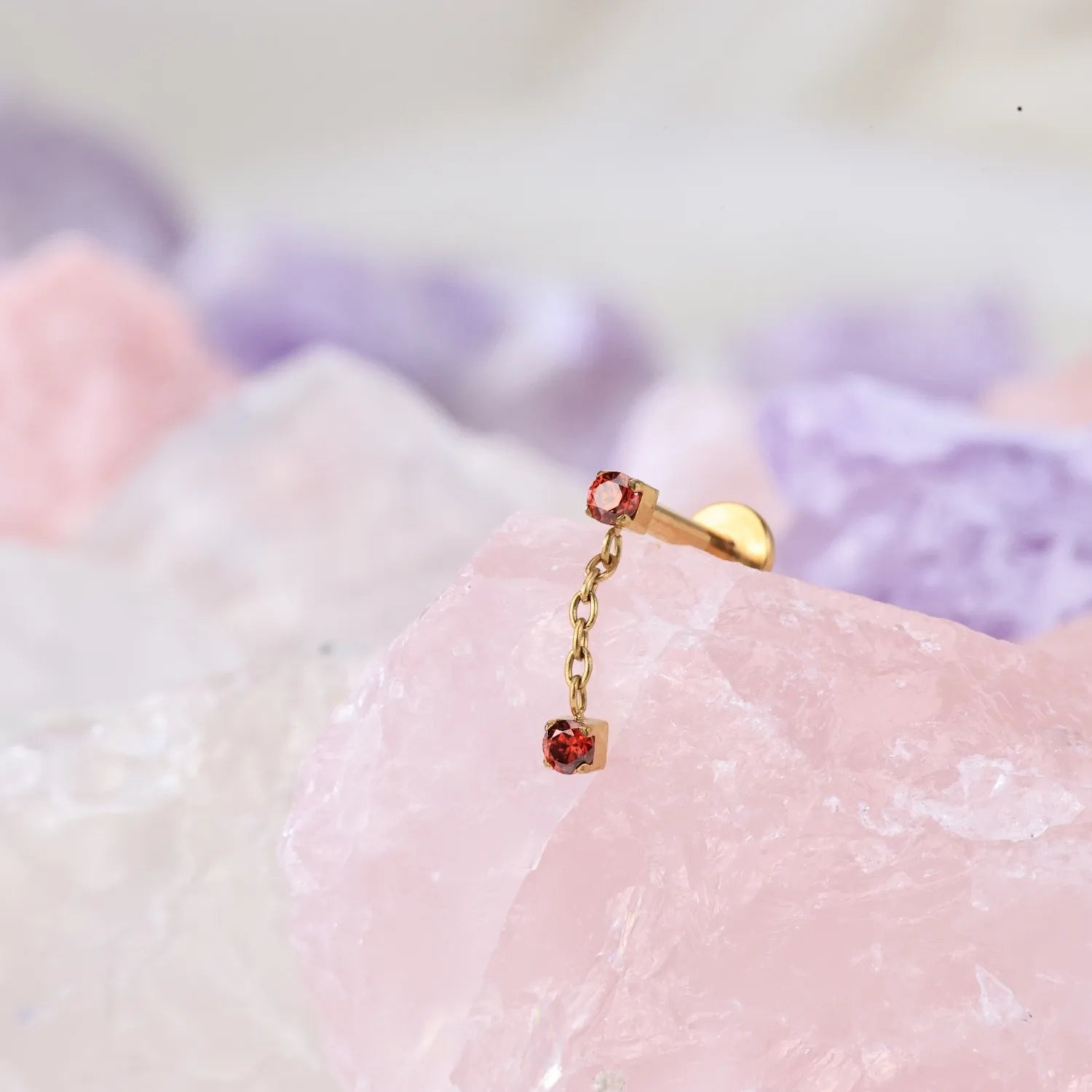 Titanium Isla Red Garnet Dangling Duo CZ Flat Back Stud
