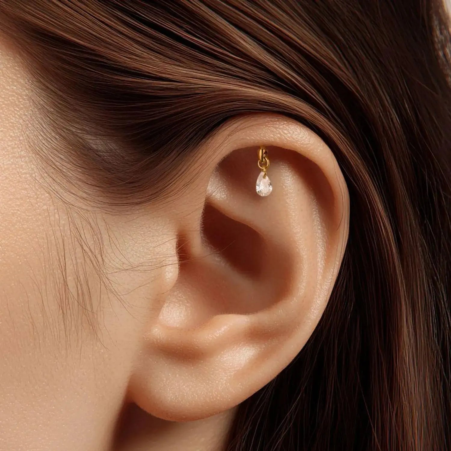 Titanium Floating Waterdrop Diamond Charm Stud | Vertical Helix Stud