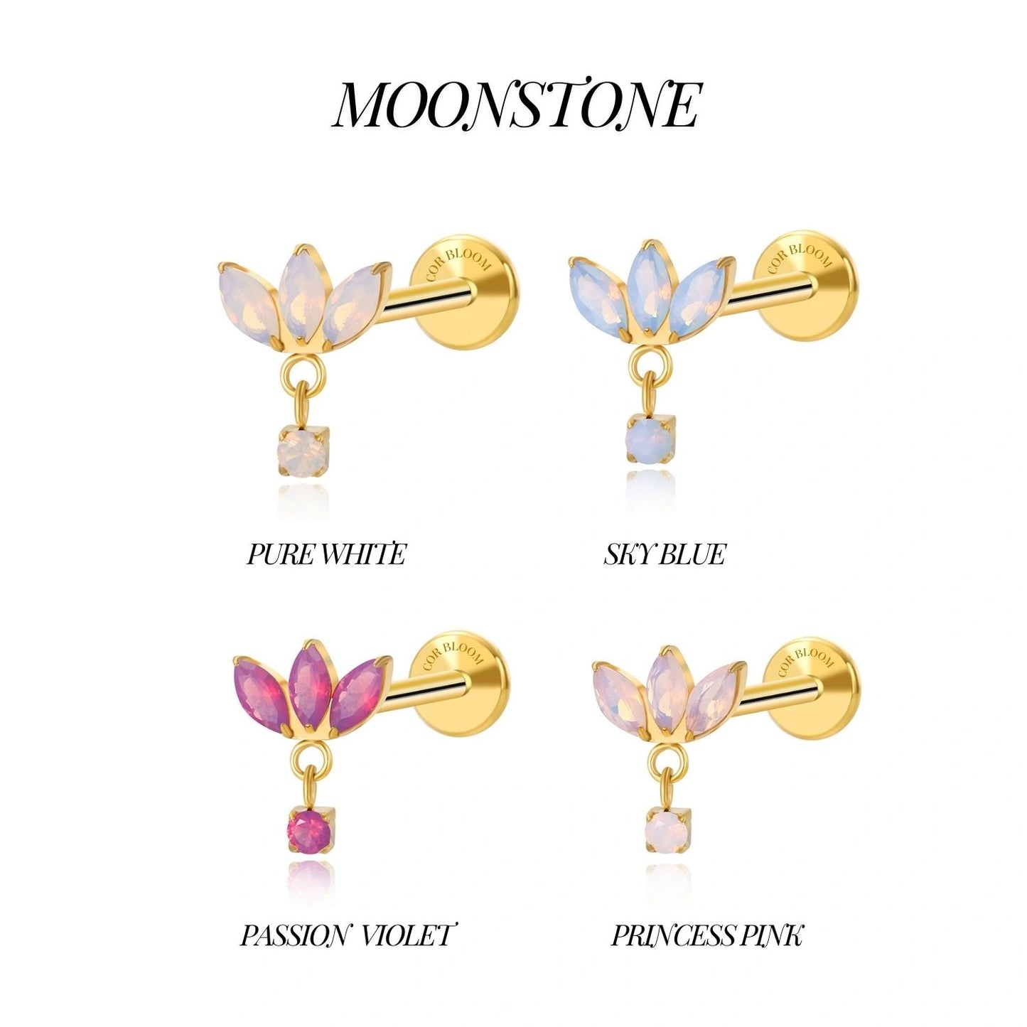 Titanium Pure White Moonstone Trio Marquise Piercing Stud
