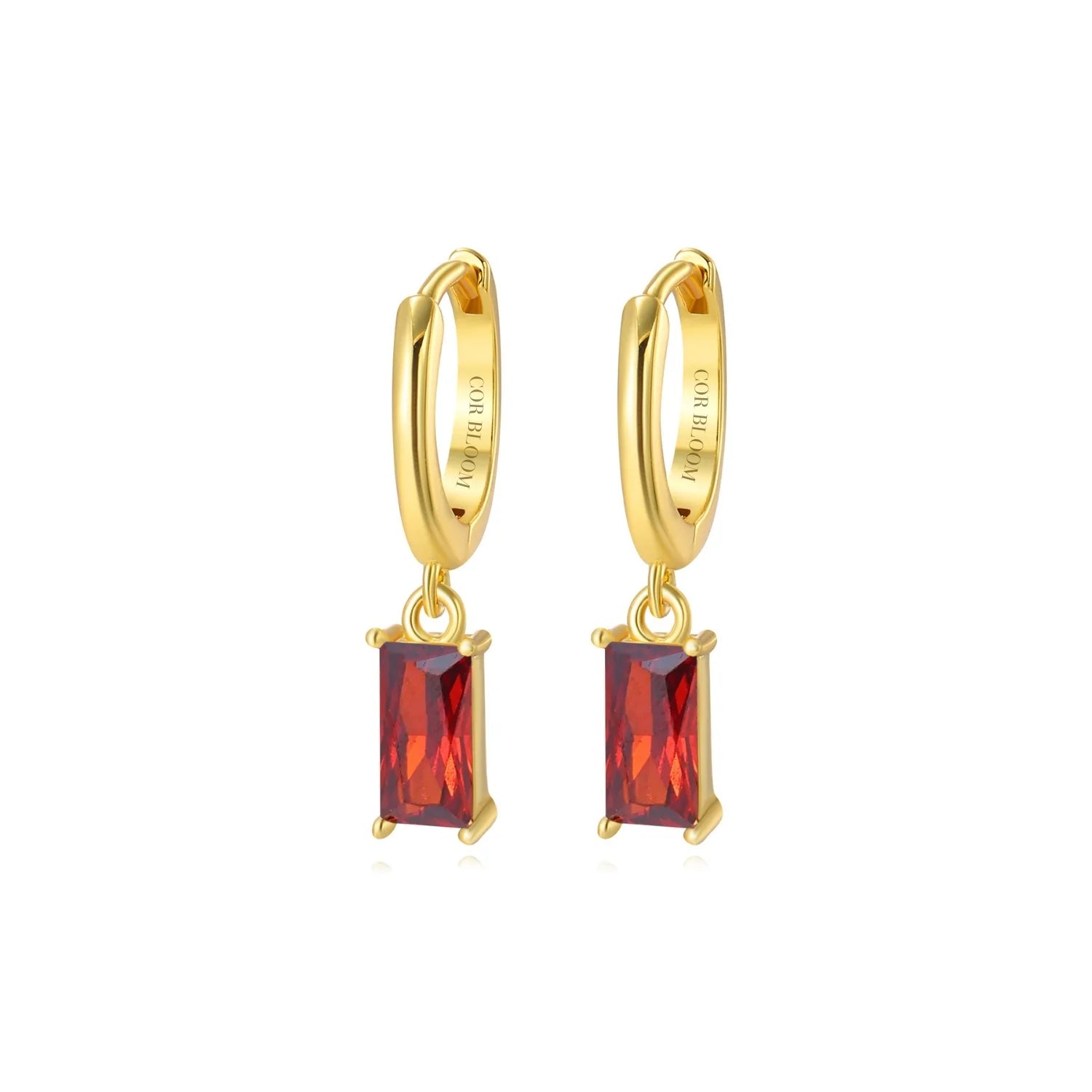 Amelia Red Garnet Baguette Hoop Earrings