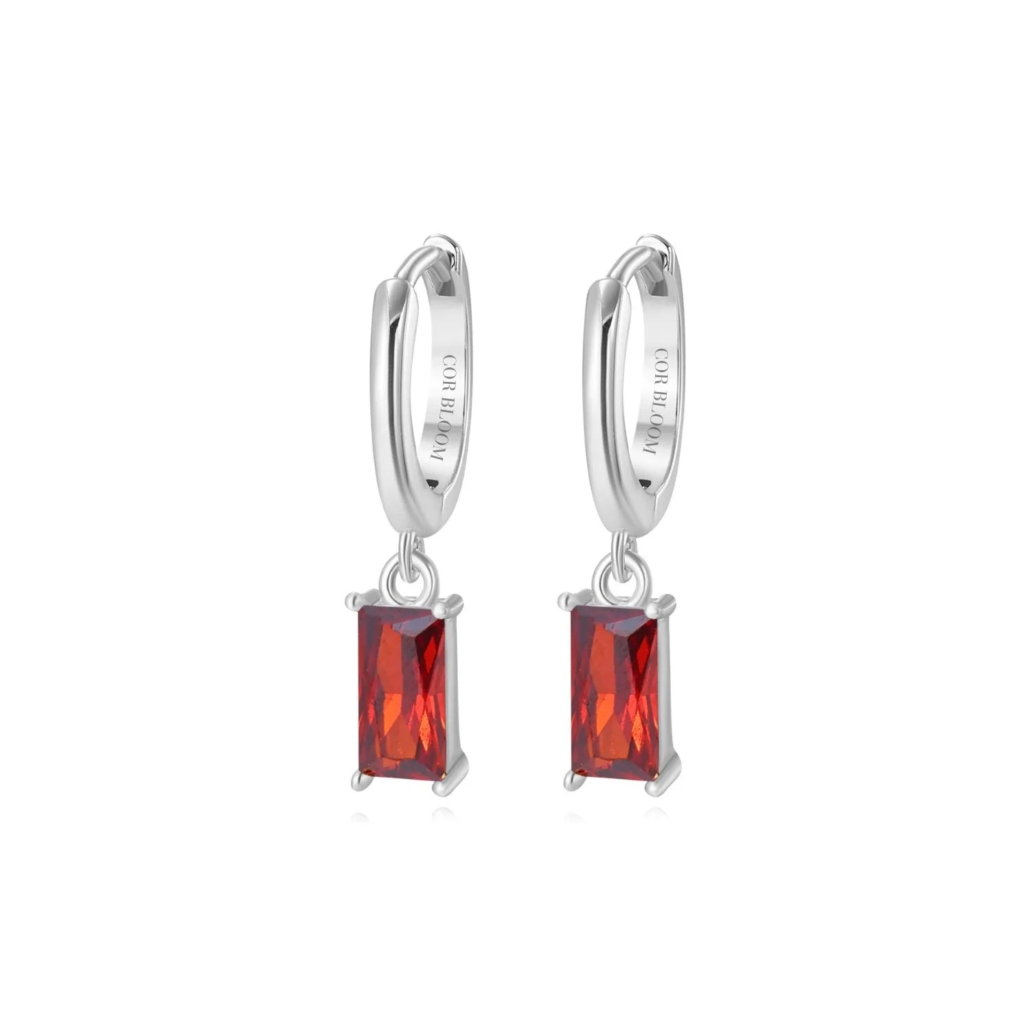 Amelia Red Garnet Baguette Hoop Earrings
