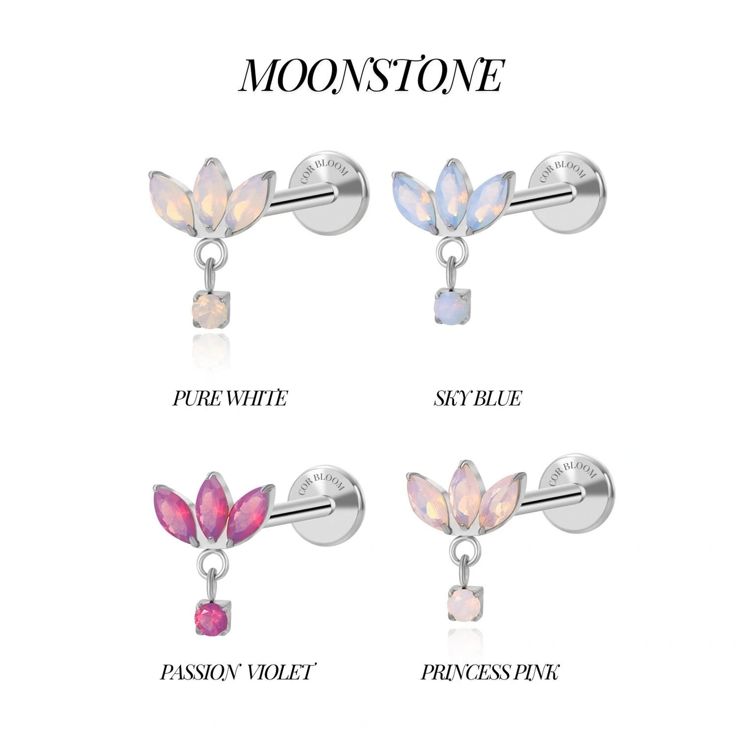 Titanium Pure White Moonstone Trio Marquise Piercing Stud