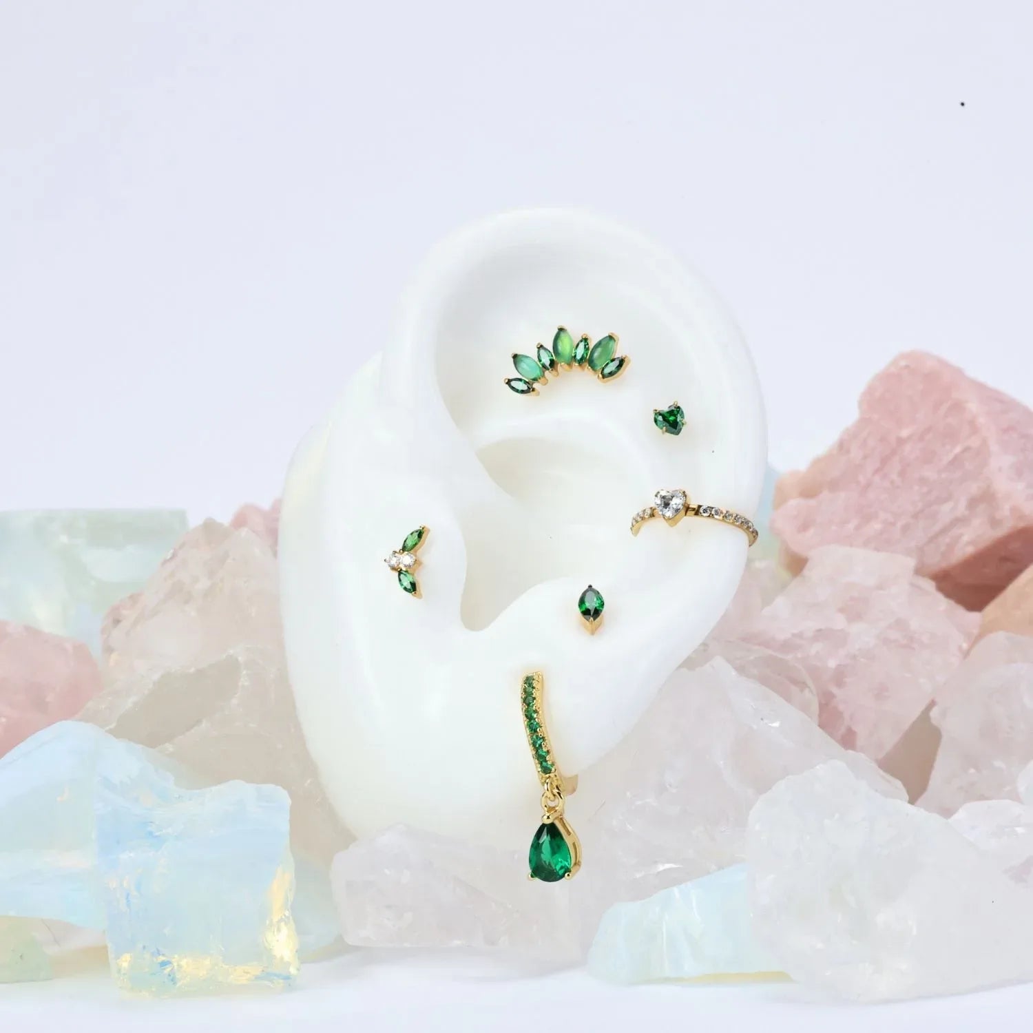 Titanium 7-Petal Green Jade Crown Flat Back Stud