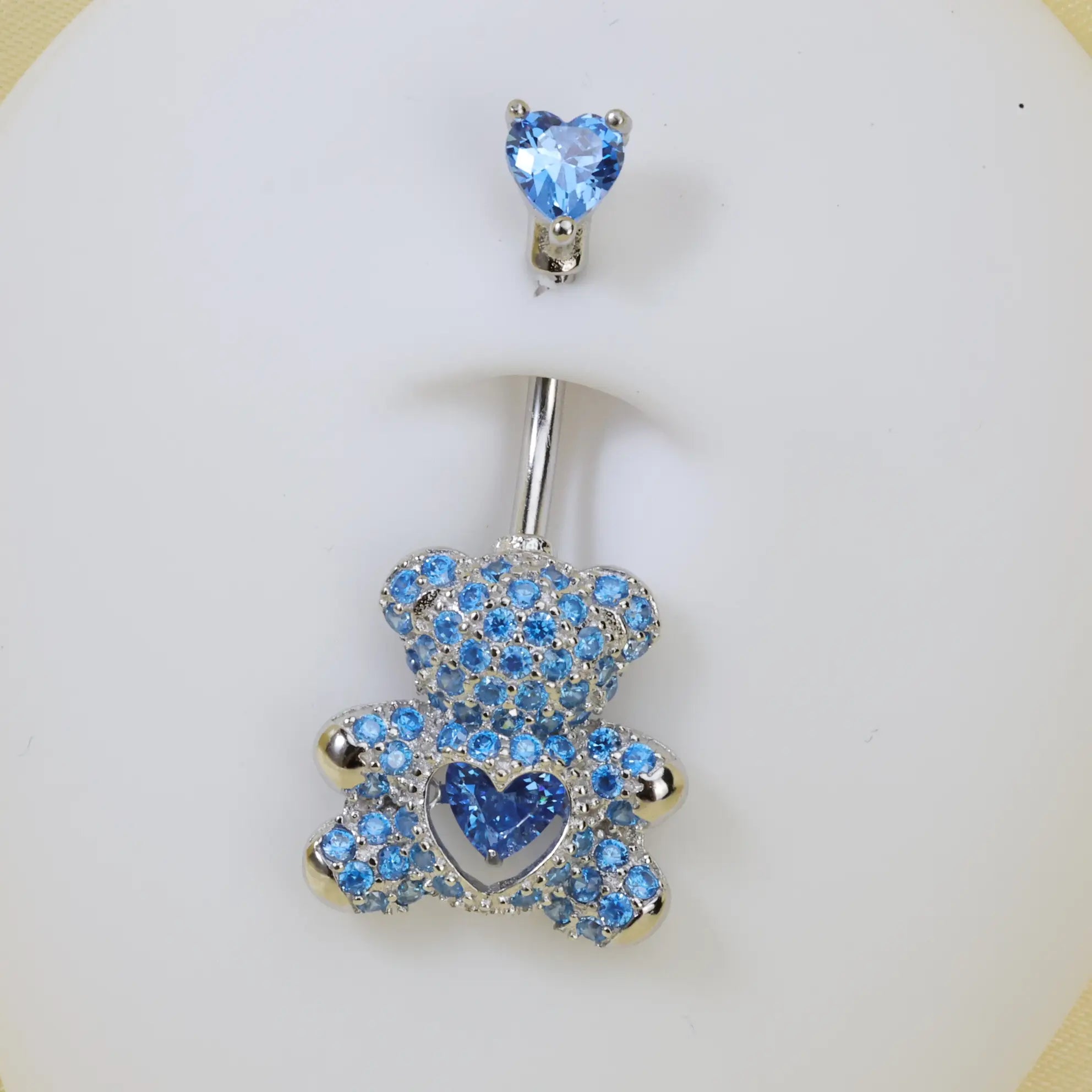 Aquamarine Teddy Bear Belly Button Ring (With Dangling Heart)