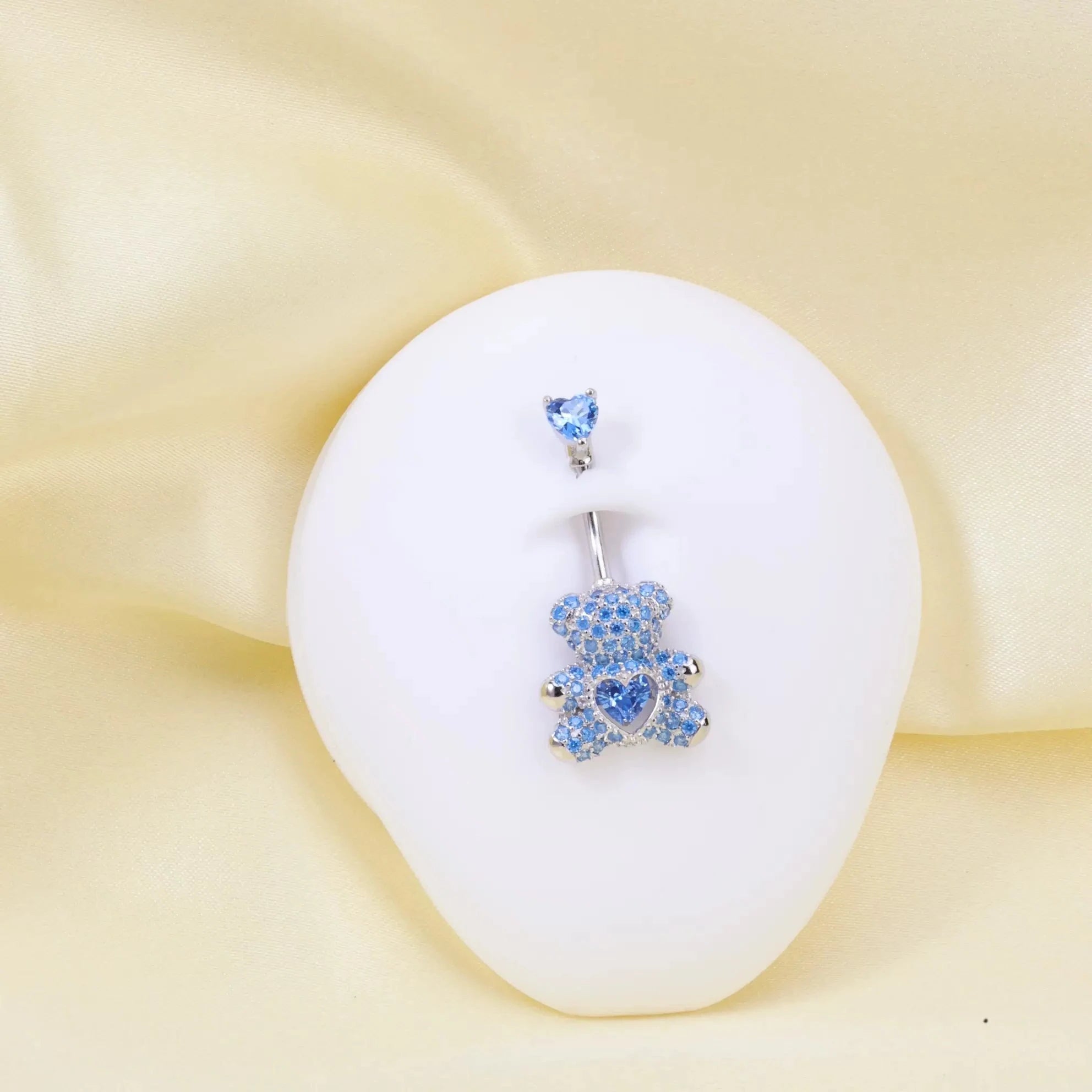Aquamarine Teddy Bear Belly Button Ring (With Dangling Heart)