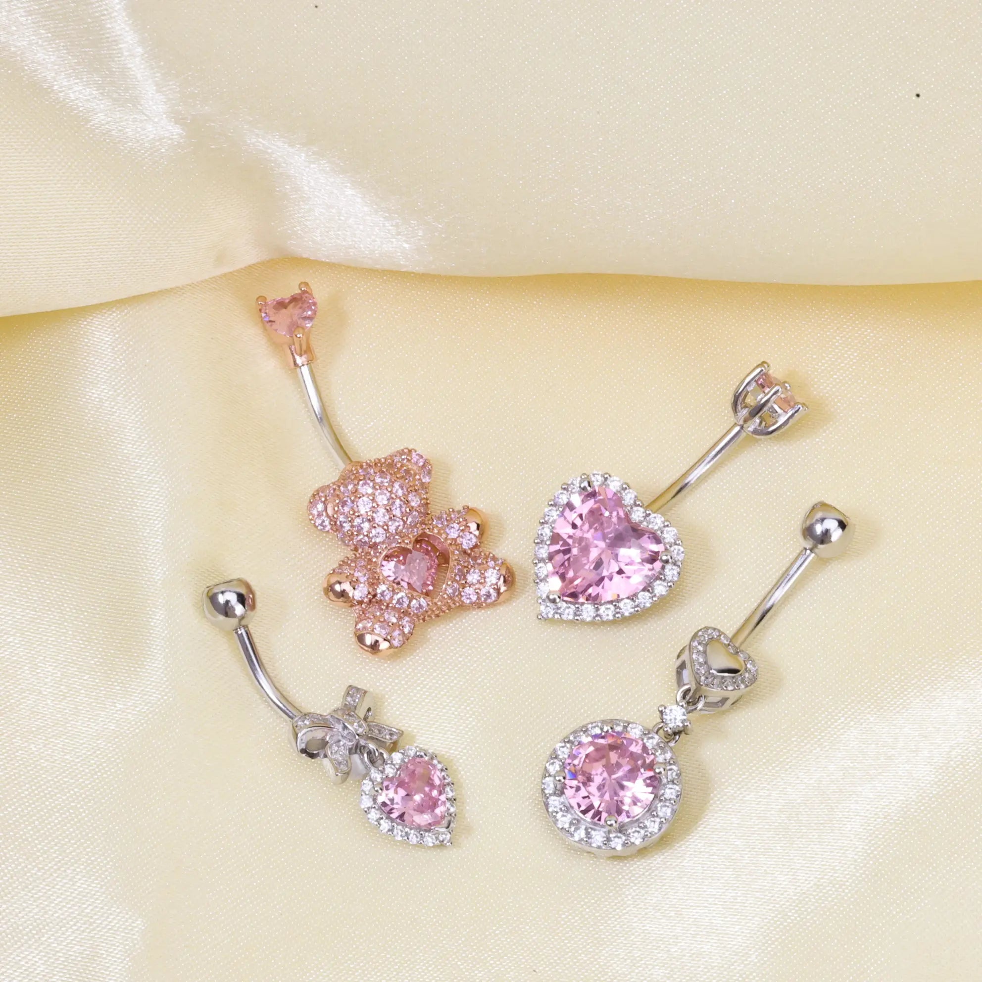 Pink Teddy Bear Belly Button Ring (With Dangling Heart)
