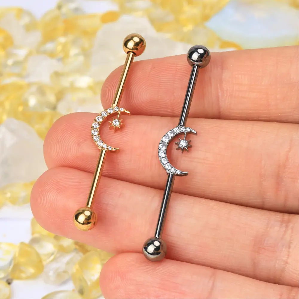 Titanium Sparkling Crescent Moon Industrial Barbell (14G | 38mm)