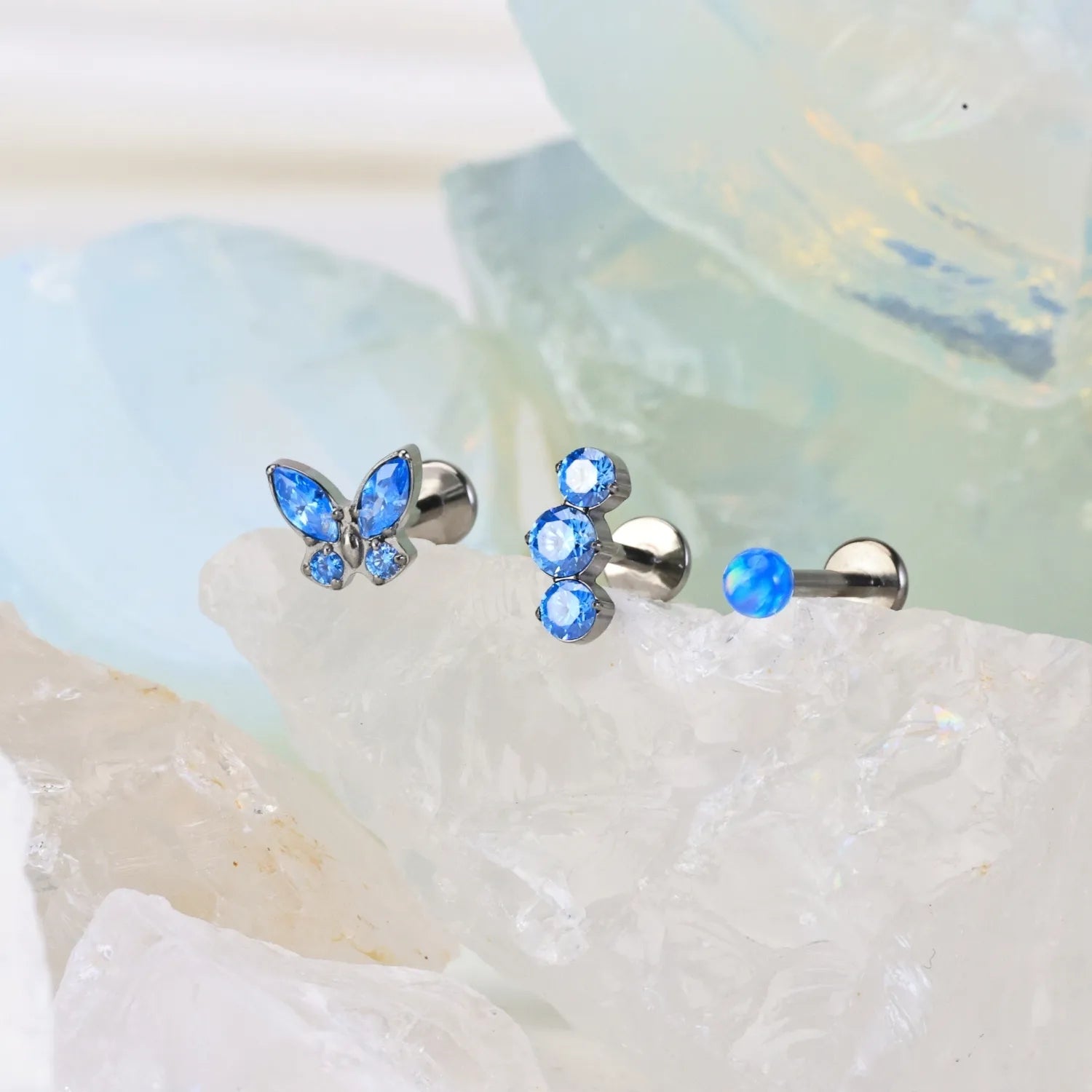 Titanium Elpis Aquamarine Trinity Stone Cluster Flat Back Stud