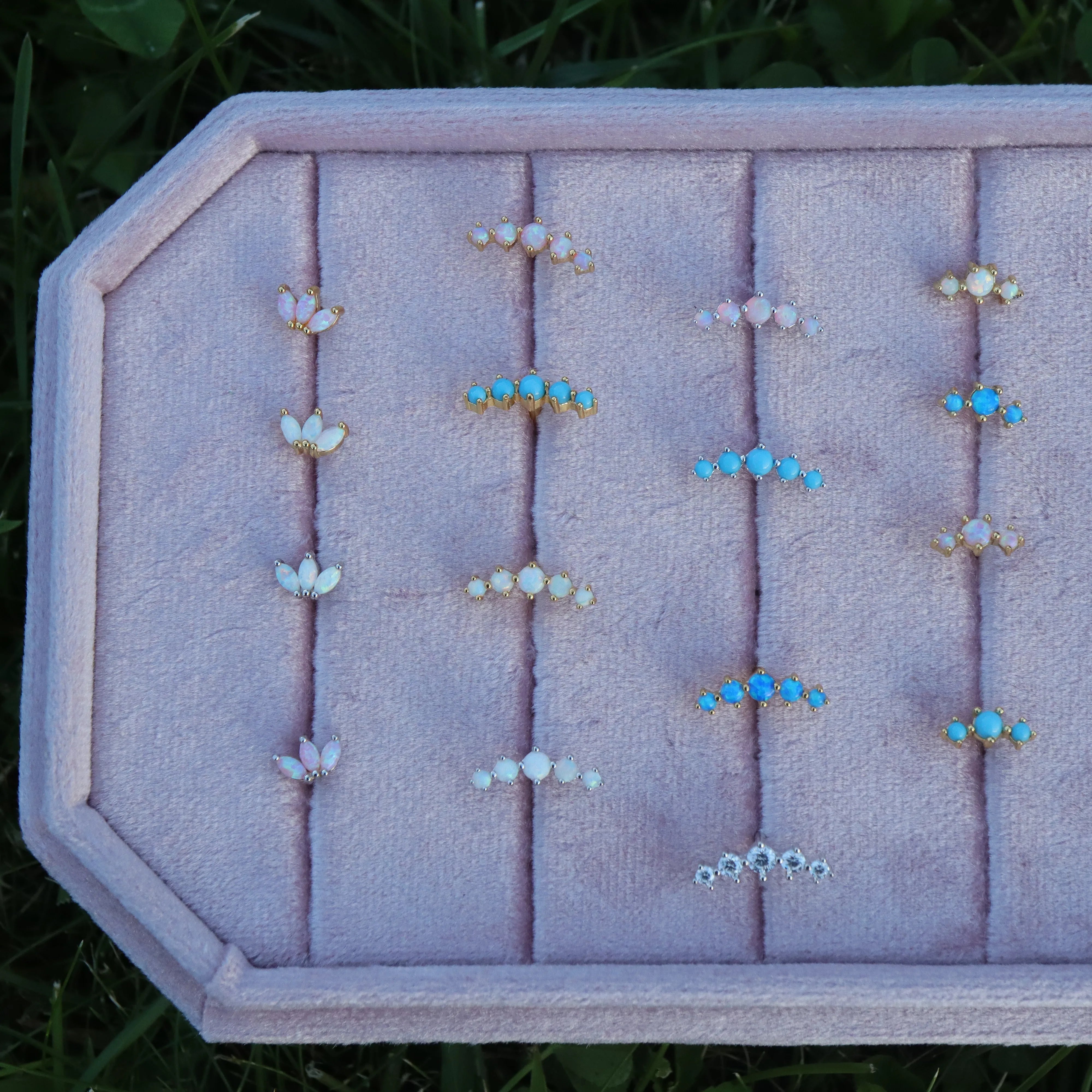 Curved Triple Pink Opal Prong Piercing Earring