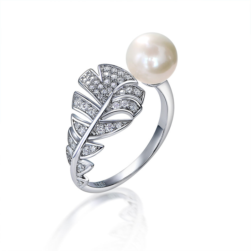 Sterling Silver Crescent Moon Ring with Pearl 6 / N/A