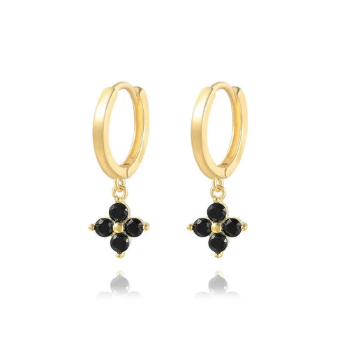 Black Gemstone Four-Clover Hoop Earrings