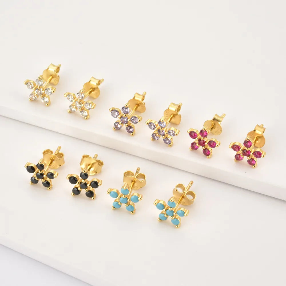 Six Stone Ruby Flower Stud Earrings