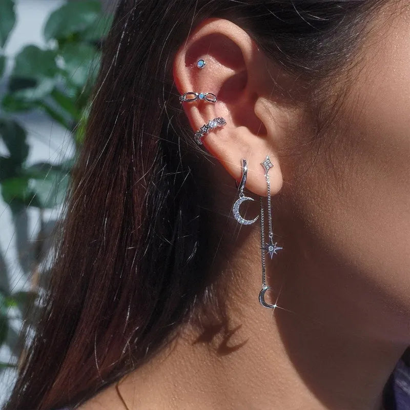 Crescent Moon & Northern Star Threader Earrings