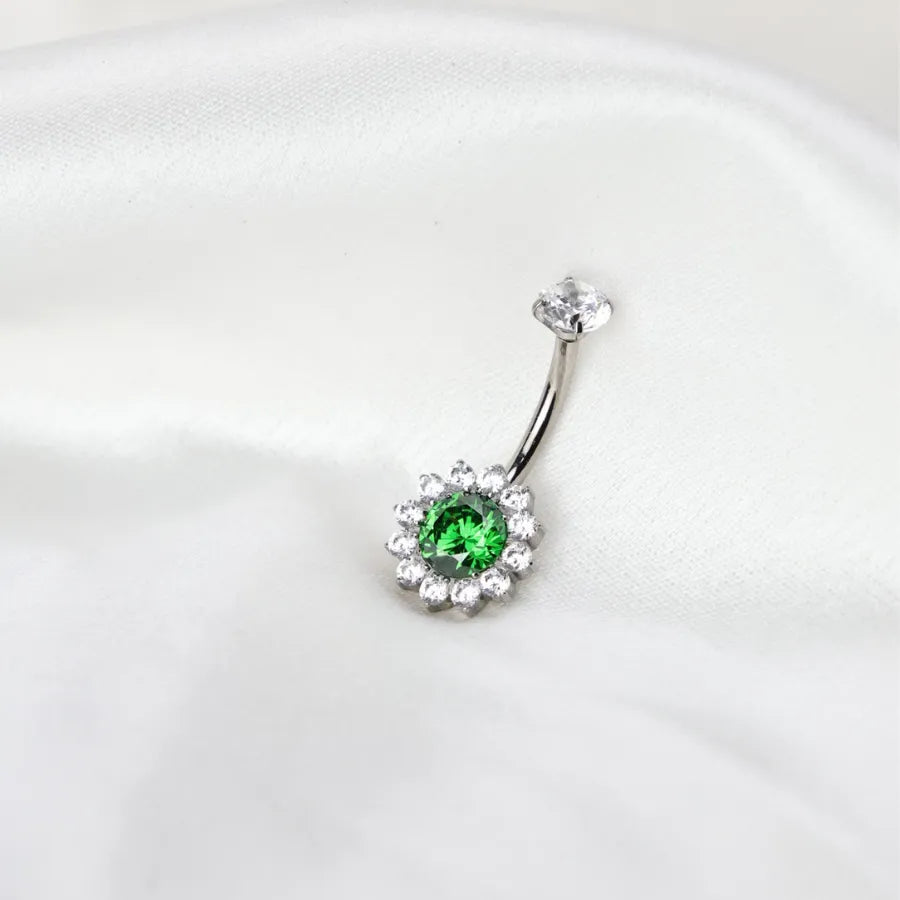 Titanium Sunflower Belly Ring - Green Emerald
