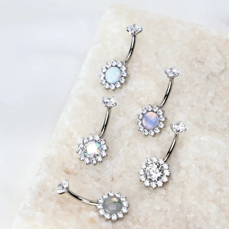 Titanium White Opal Sunflower Belly Button Ring