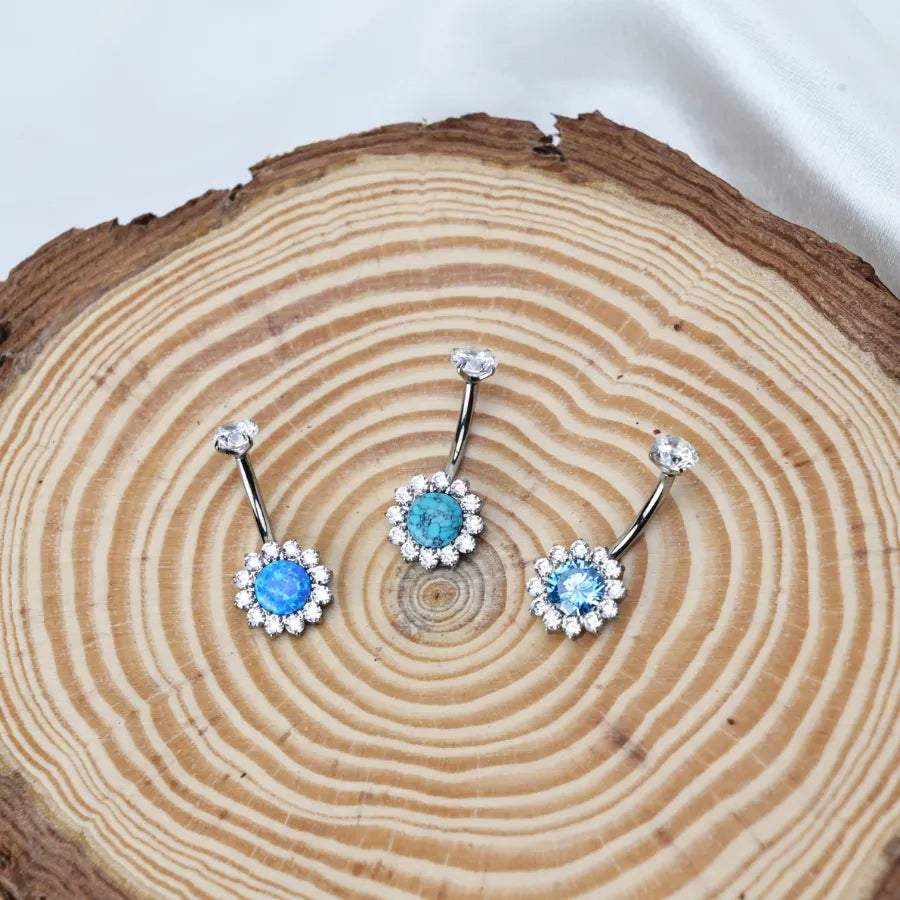 Titanium Aquamarine Sunflower Belly Button Ring